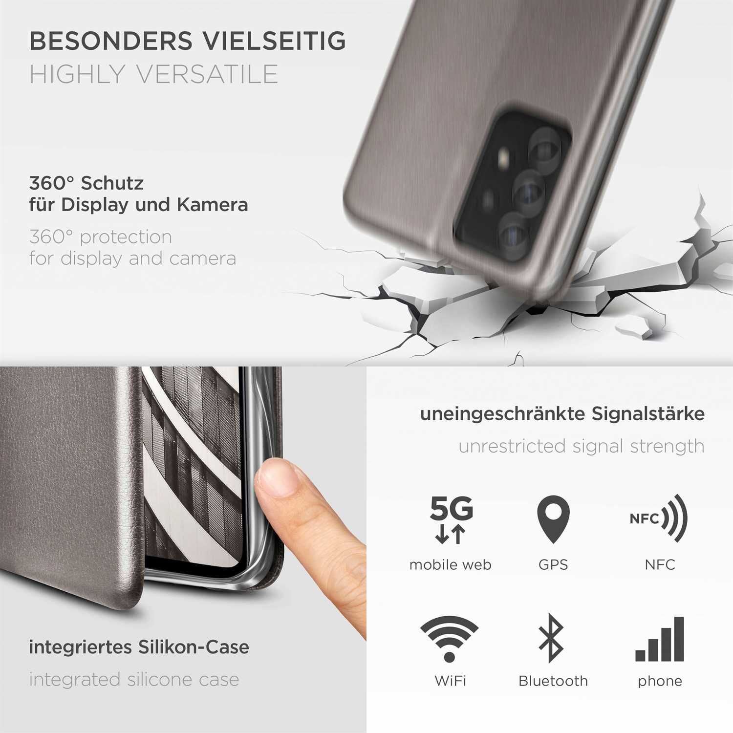 Eine Handyhülle mit Text über Schutz und Funktionen, mit Symbolen für 5G, GPS, NFC, WLAN, Bluetooth und Telefon.