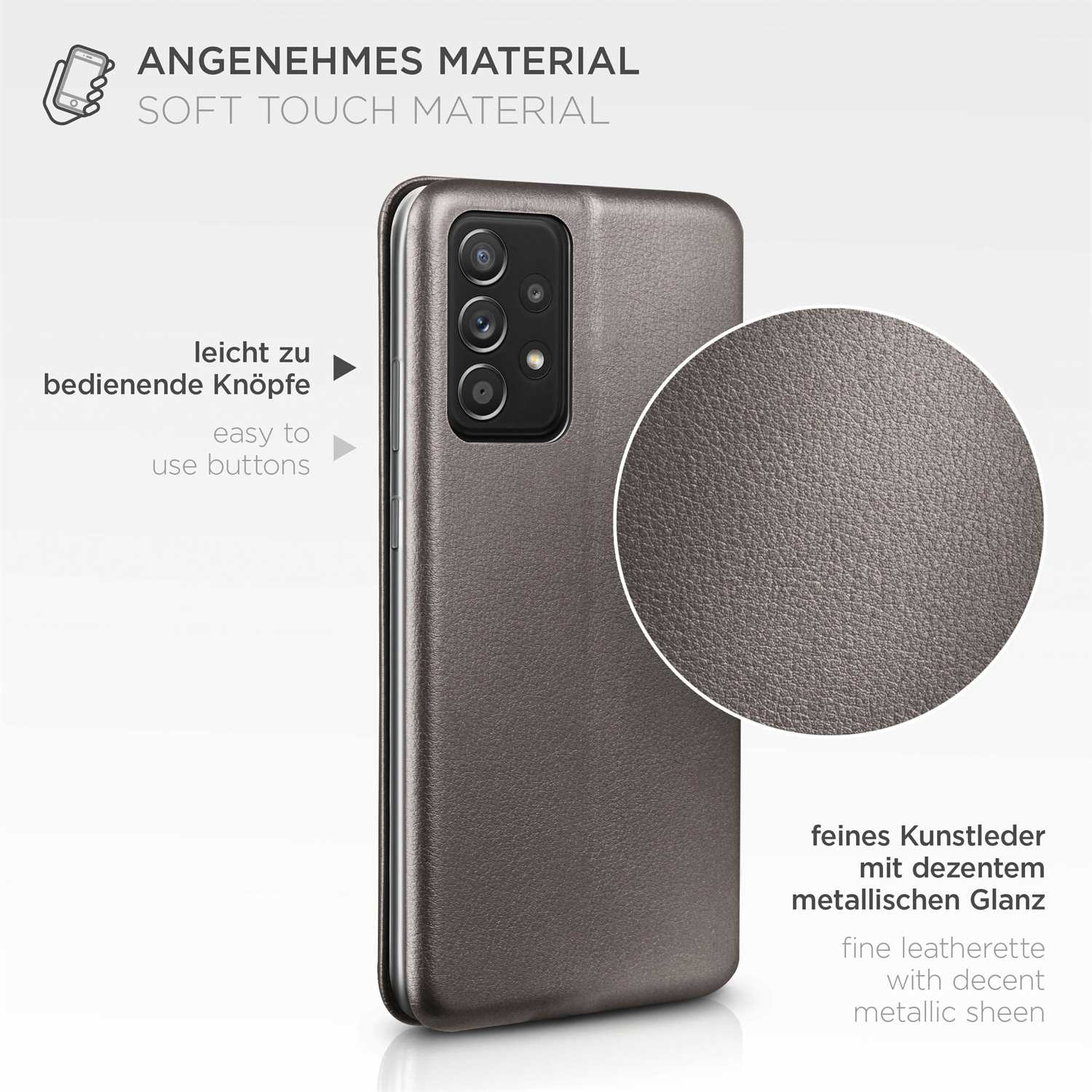 Handyhülle, graues Kunstleder. Einfach zu bedienende Knöpfe, feines Kunstleder mit metallischem Glanz. Nahaufnahme.