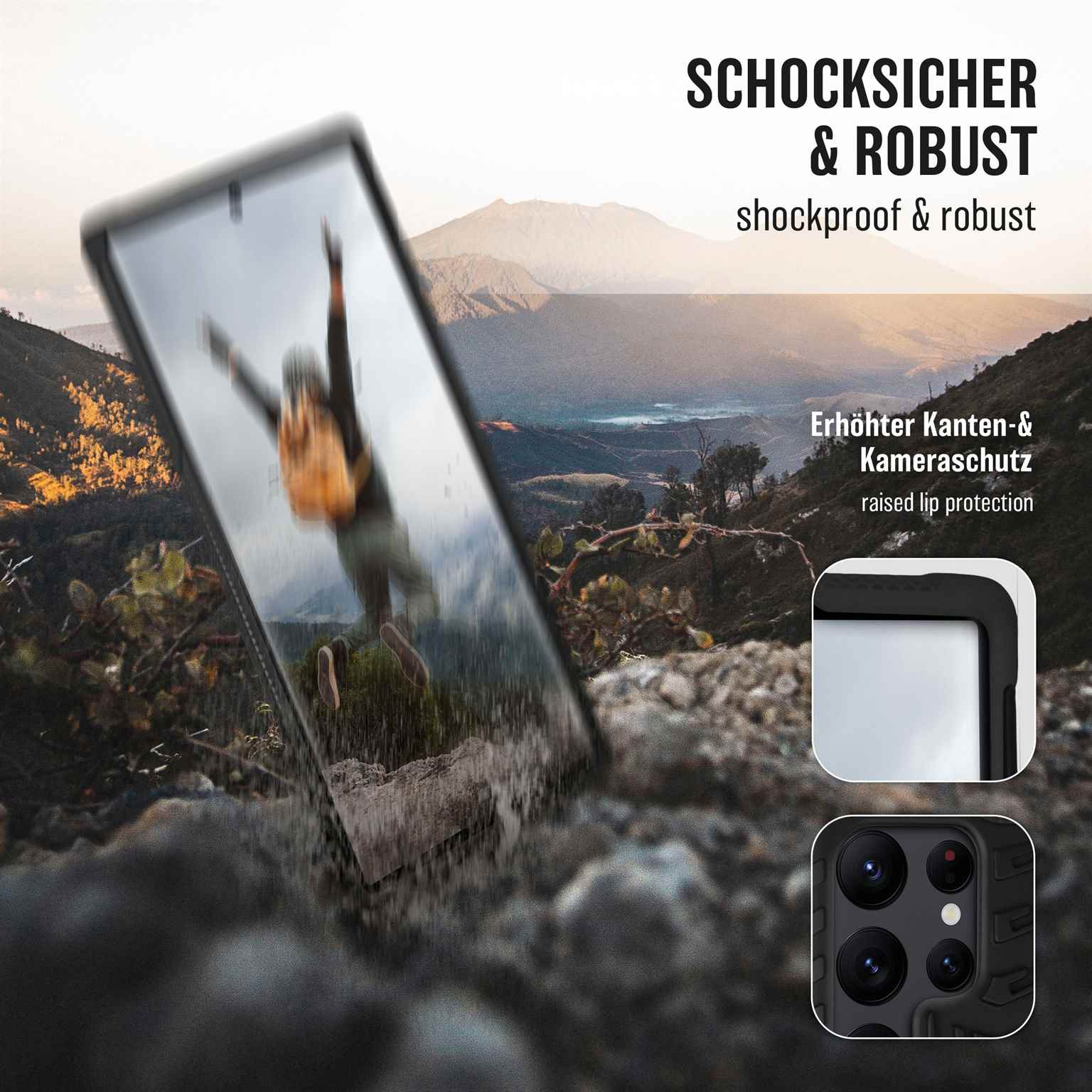 Ein Telefon in einer Hülle fällt auf eine raue Oberfläche, Text: stoßfest & robust.