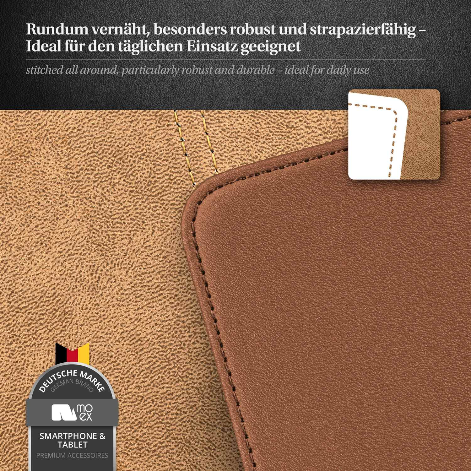 Nahaufnahme von braunem und beigem Ledermaterial mit Nähten und einem Logo.