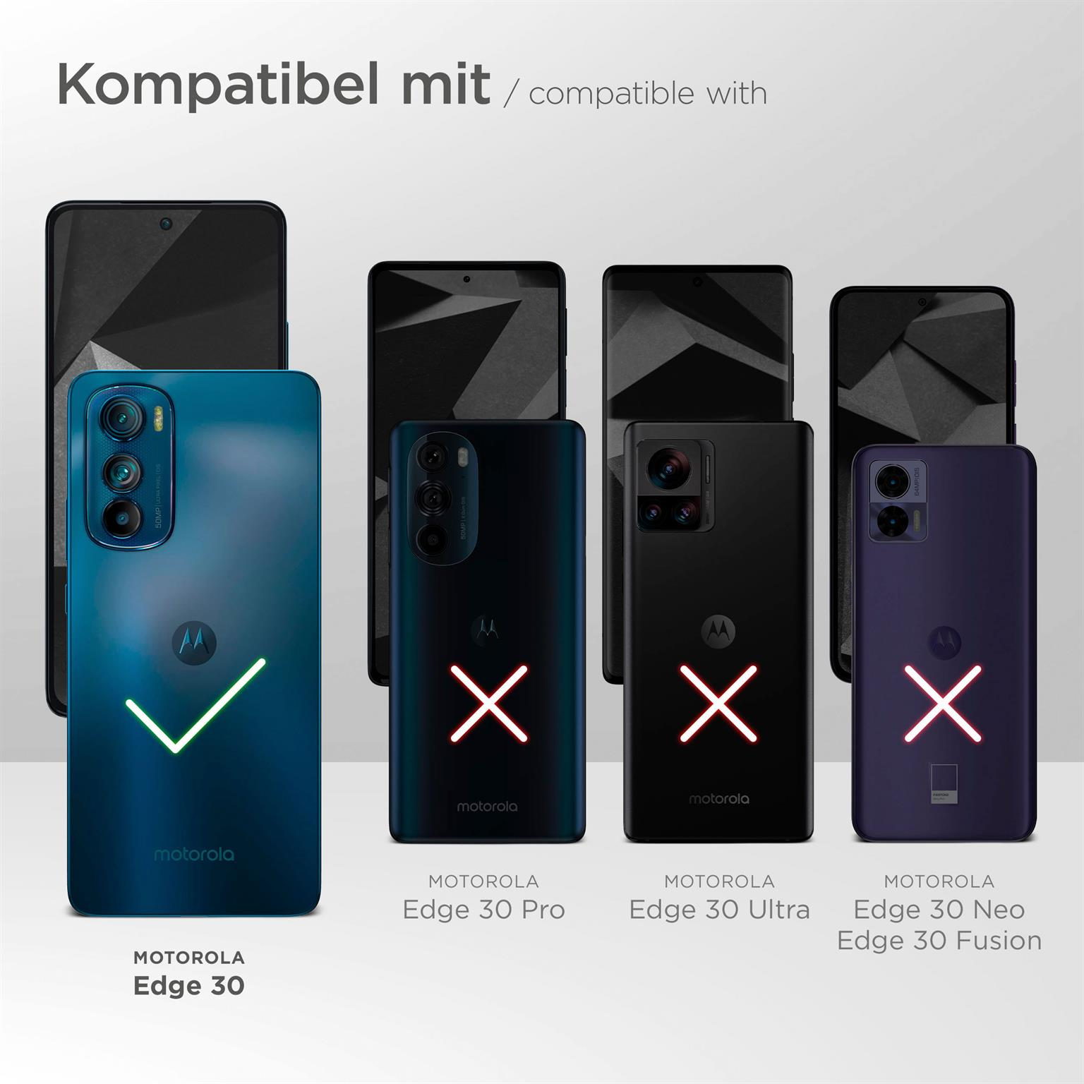 Mehrere Telefone mit Motorola-Logo und Häkchen oder Kreuz. Die Telefone sind blau, schwarz und lila.
