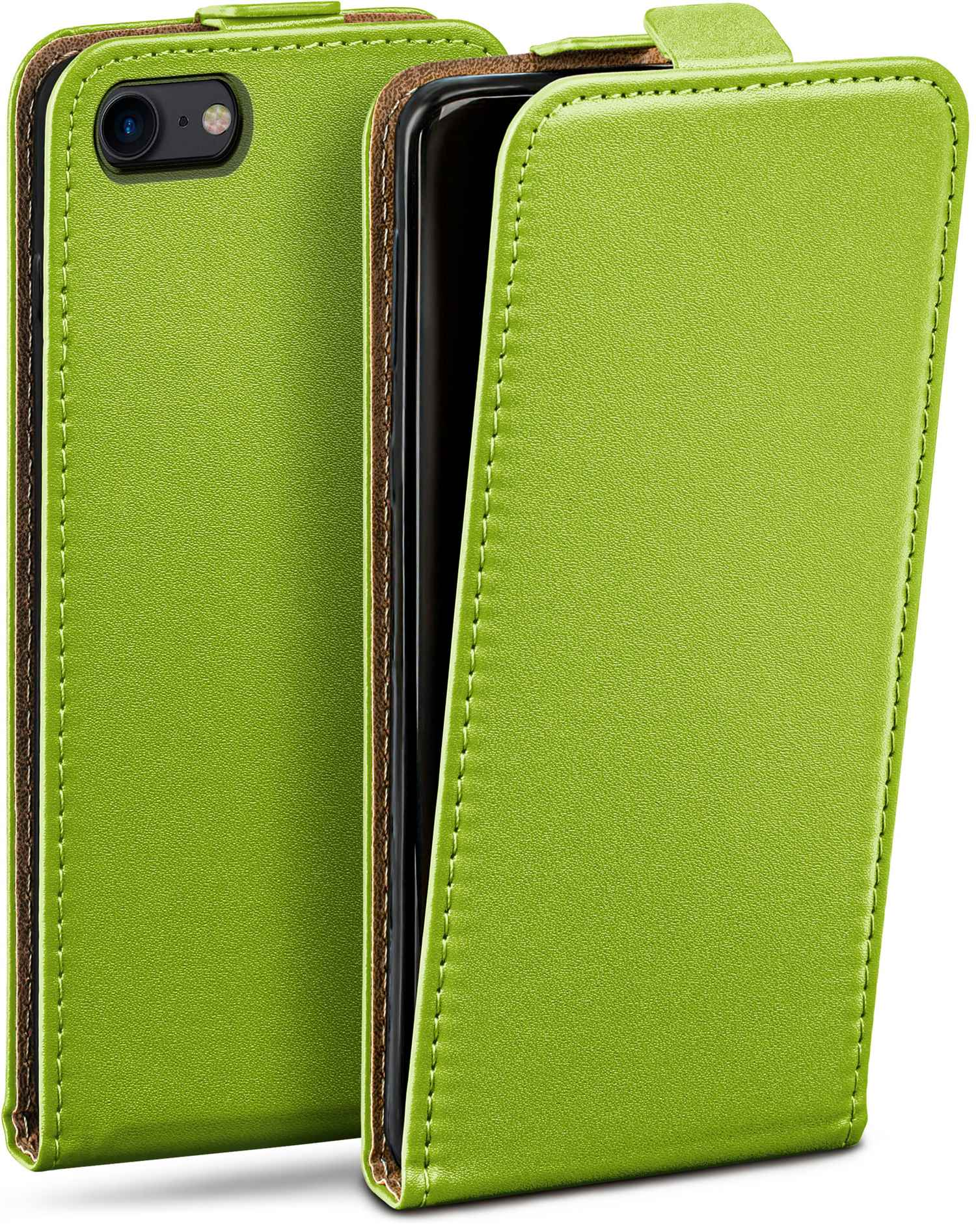 Grüne Handyhülle mit Telefon. Die Hülle ist geöffnet und zeigt den Bildschirm des Telefons.