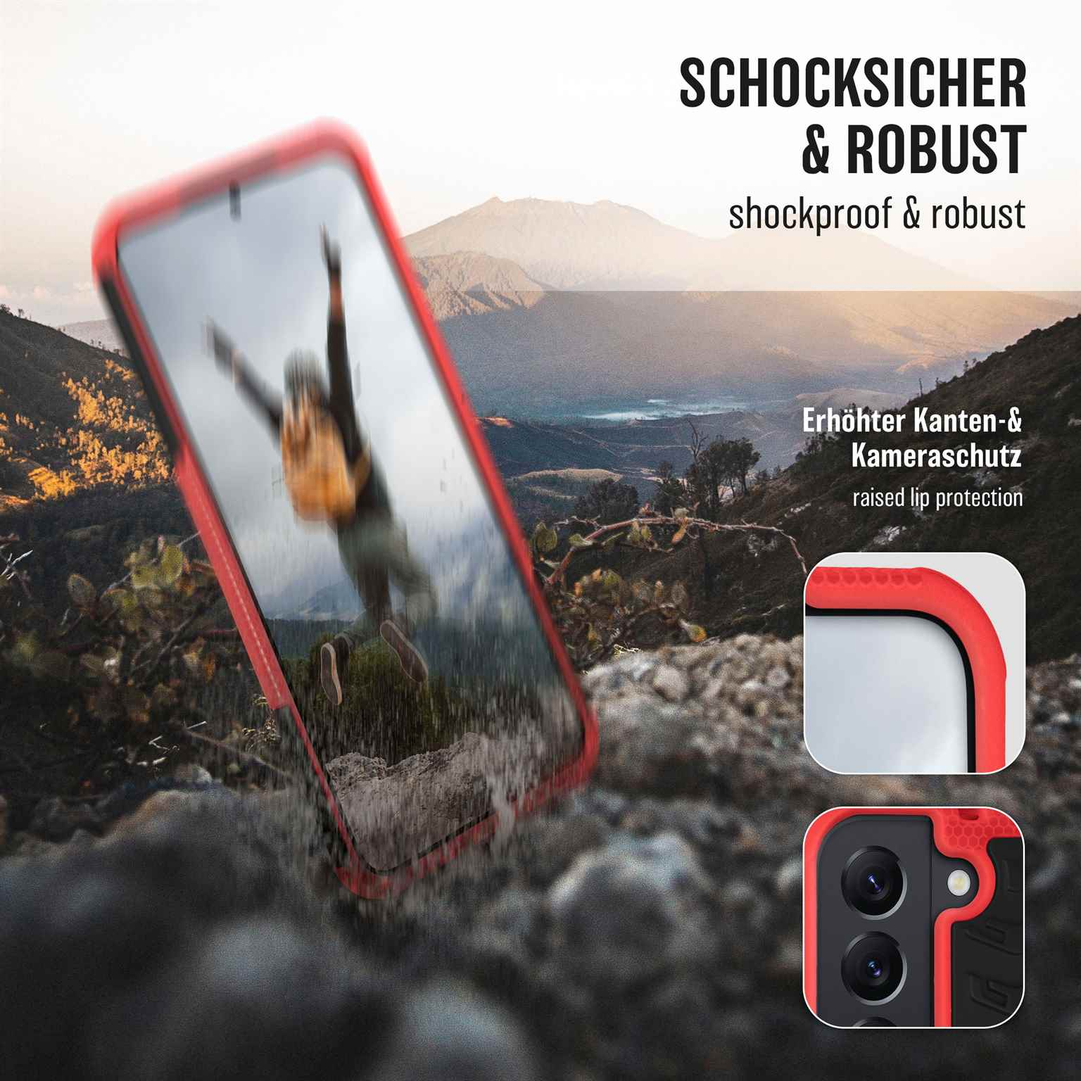 Ein Telefon in einem roten Gehäuse, das herunterfällt. Text: Stoßfest & Robust, Erhöhter Lippenschutz.
