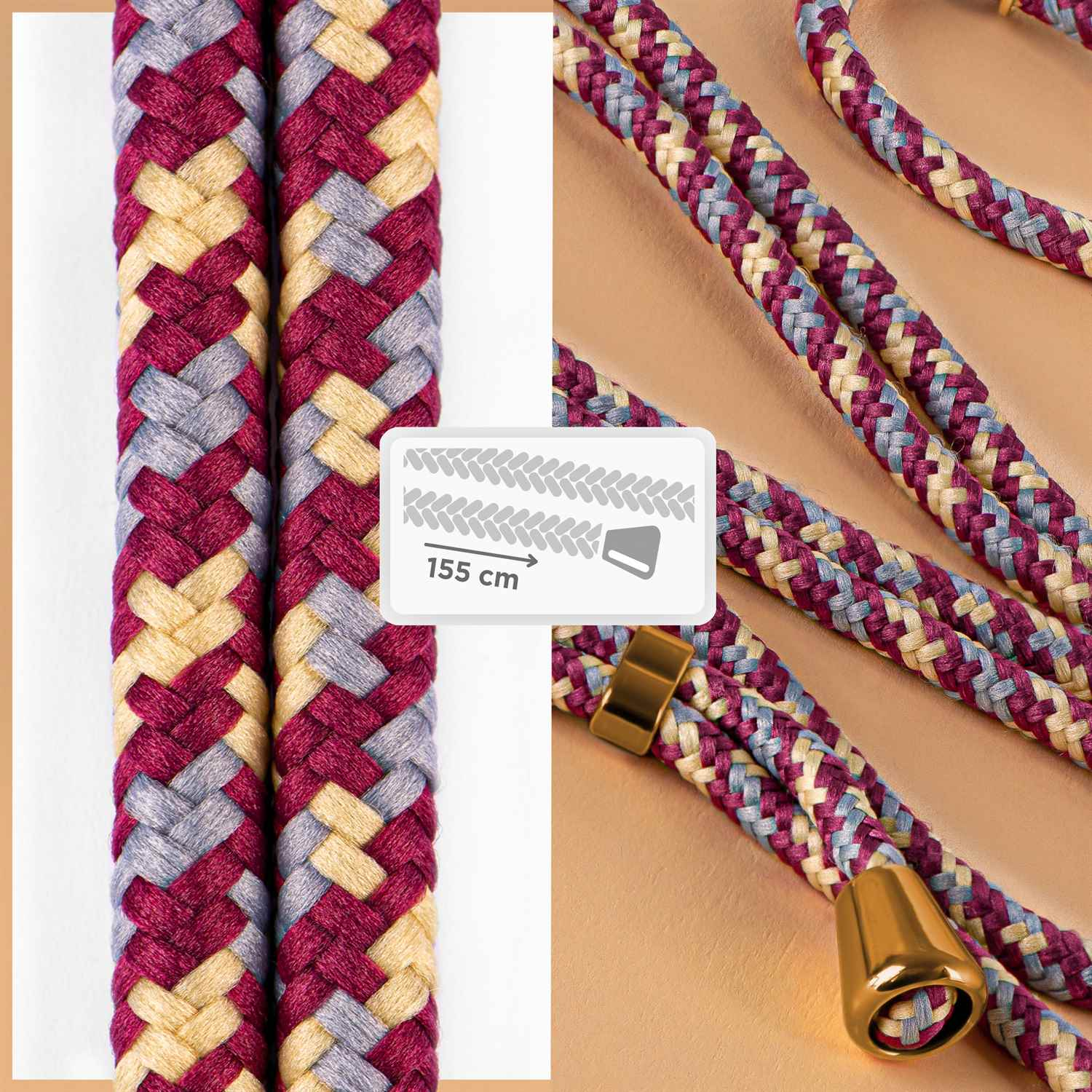 Nahaufnahme eines Handystraps mit Muster, das die Länge von 155 cm zeigt.