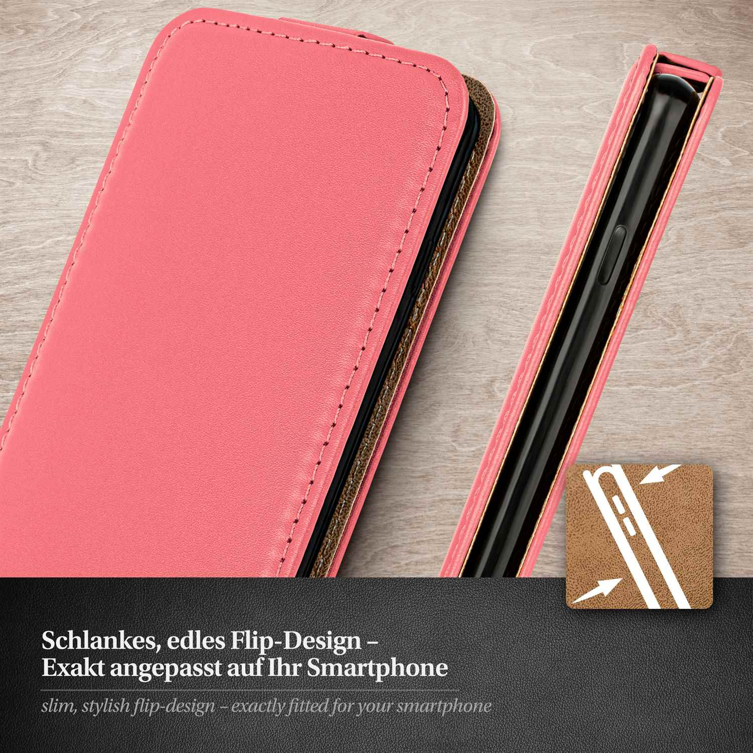 Nahaufnahme einer rosa Handyhülle, die das Innere und das Design für das Telefon zeigt.