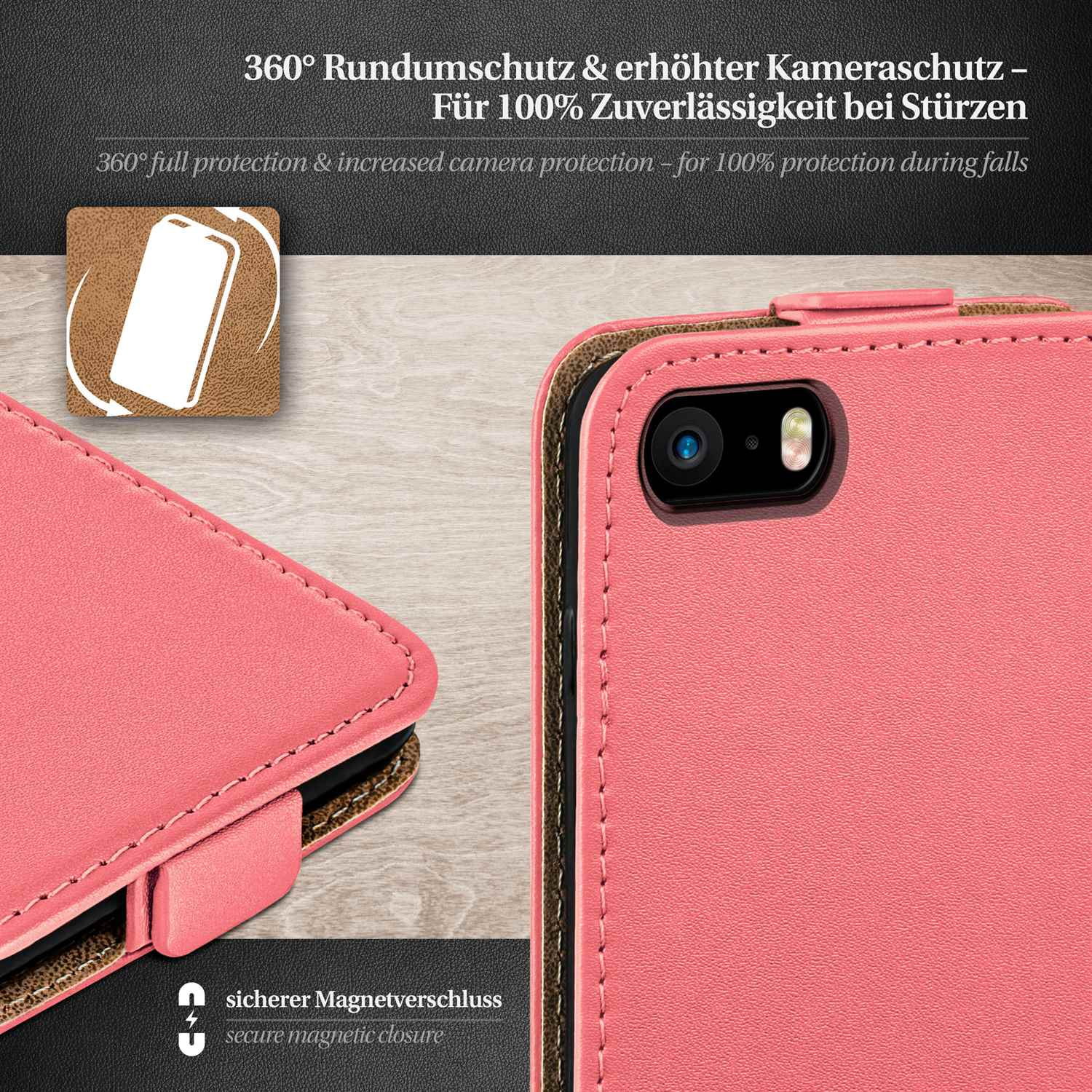 Nahaufnahme einer rosa Handyhülle mit Telefon. Text: Magnetverschluss, Rundumschutz.