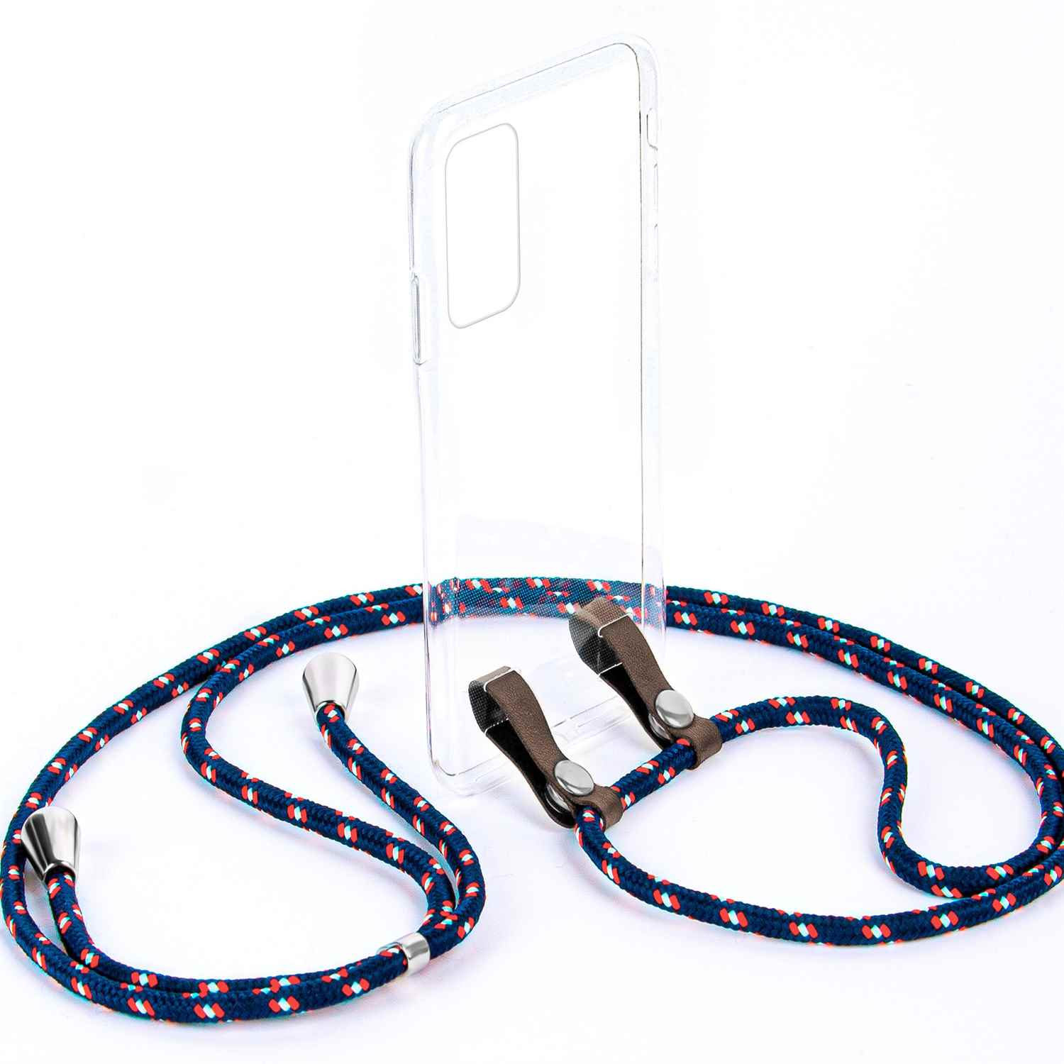 Transparente Handyhülle mit blau-rotem Seilband. Metallverschlüsse und Akzente.