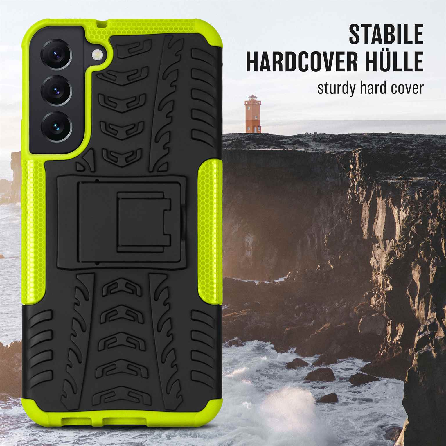 Handyhülle mit schwarz-grünem Design auf einer Klippe, im Hintergrund ein Leuchtturm.