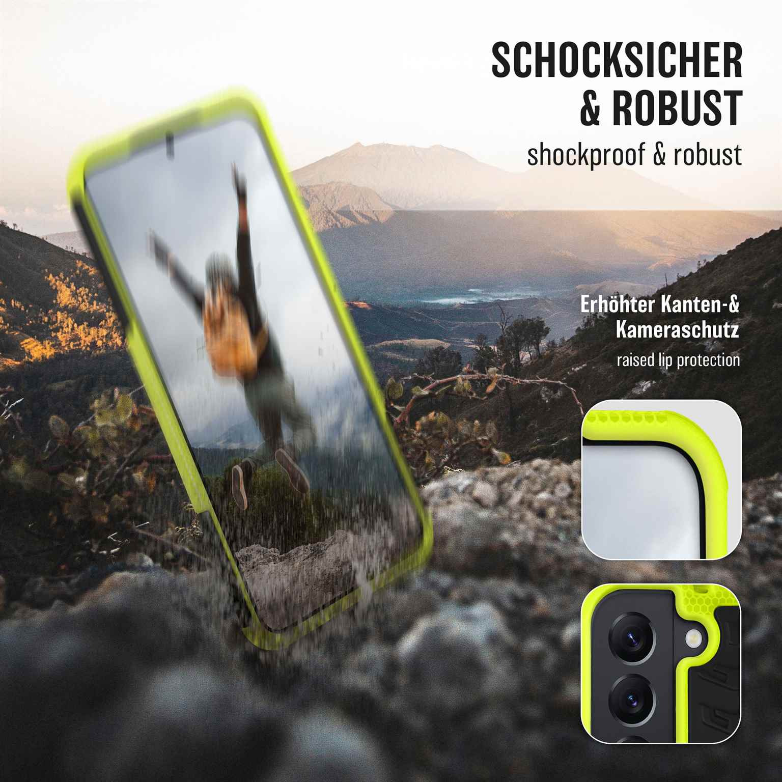 Eine Handyhülle mit einem Telefon darin, mit einer Person im Hintergrund und Text.
