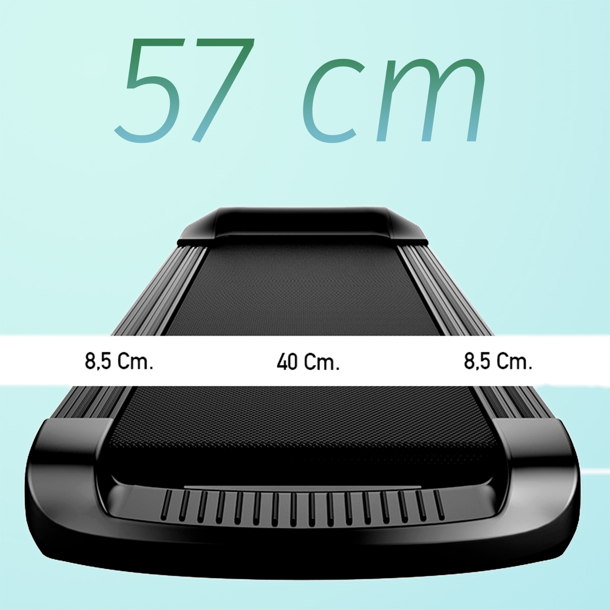 Black treadmill, showing dimensions: 57 cm long, 40 cm wide.