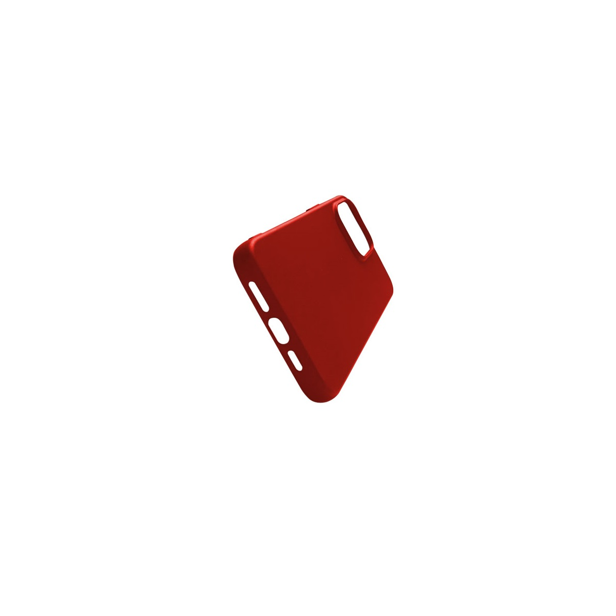 Eine rote Handyhülle schwebt vor weißem Hintergrund. Die Hülle hat Aussparungen für Kamera und Tasten.