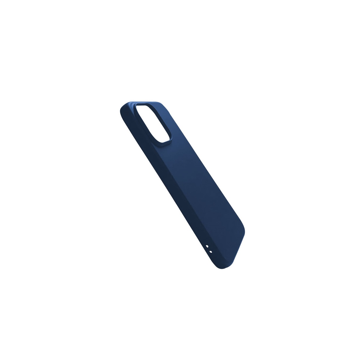 Dunkelblaue Handyhülle schräg. Sauberes und einfaches Design mit Aussparungen für Tasten und Kamera.