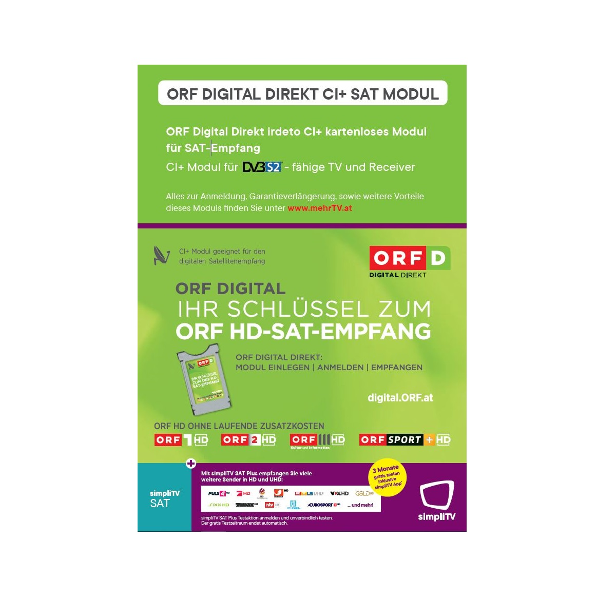 Ein grünes und weißes Poster mit Text und Logos über ORF Digital Direkt CI+ SAT Modul.