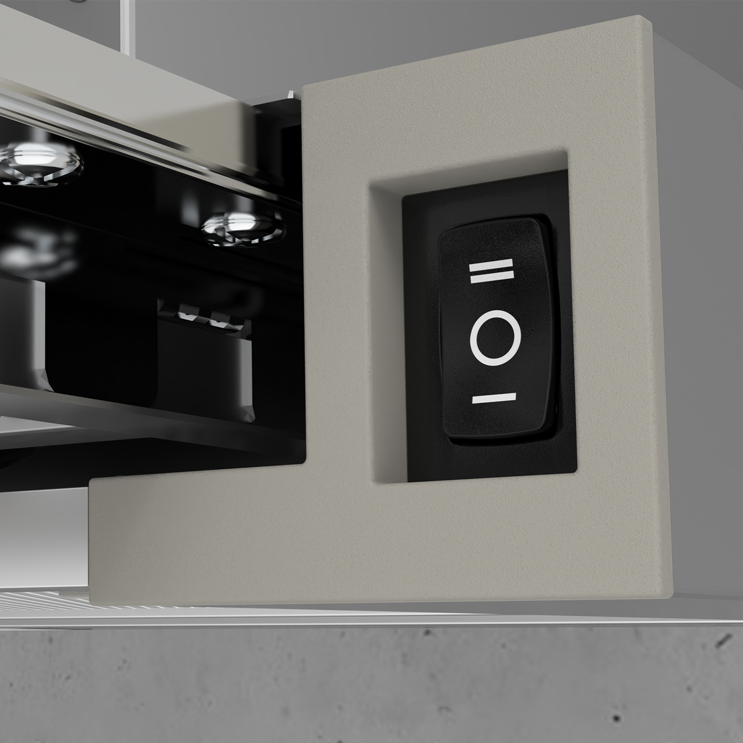 Close-up of a gray switch panel. Black switch with white markings.  Metallic, gray background.