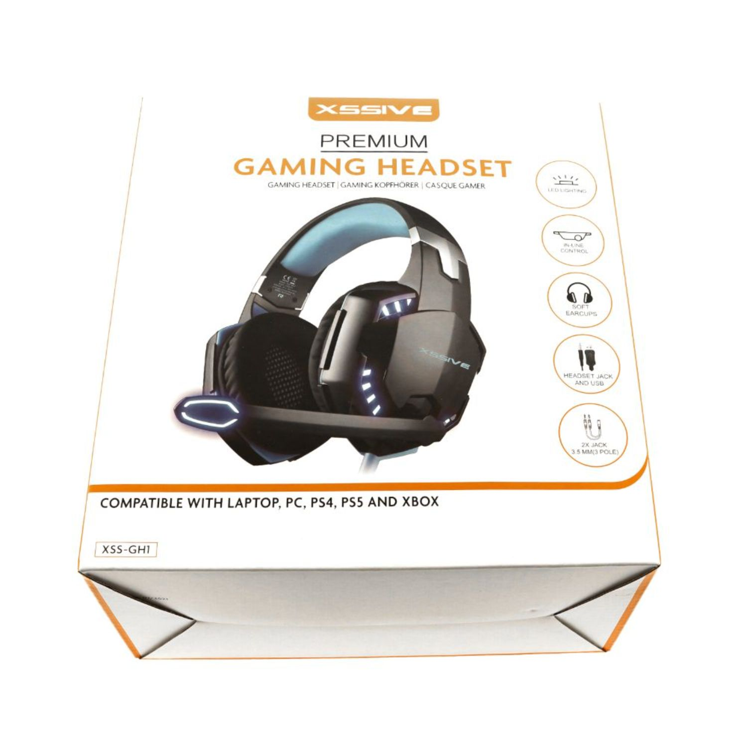 Gaming-Headset-Box mit Headset-Bild und Produktdetails, weißer Hintergrund.