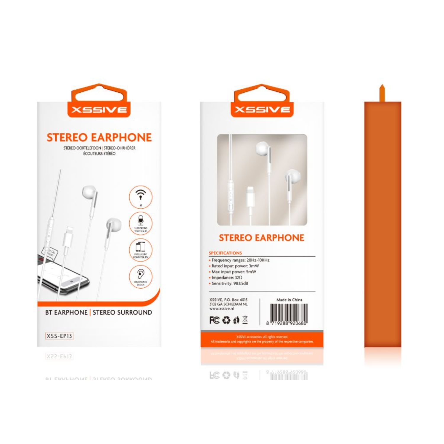 Kopfhörer in Verpackung. Weiße Kopfhörer, schwarzes Kabel und orangefarbene Verpackung.