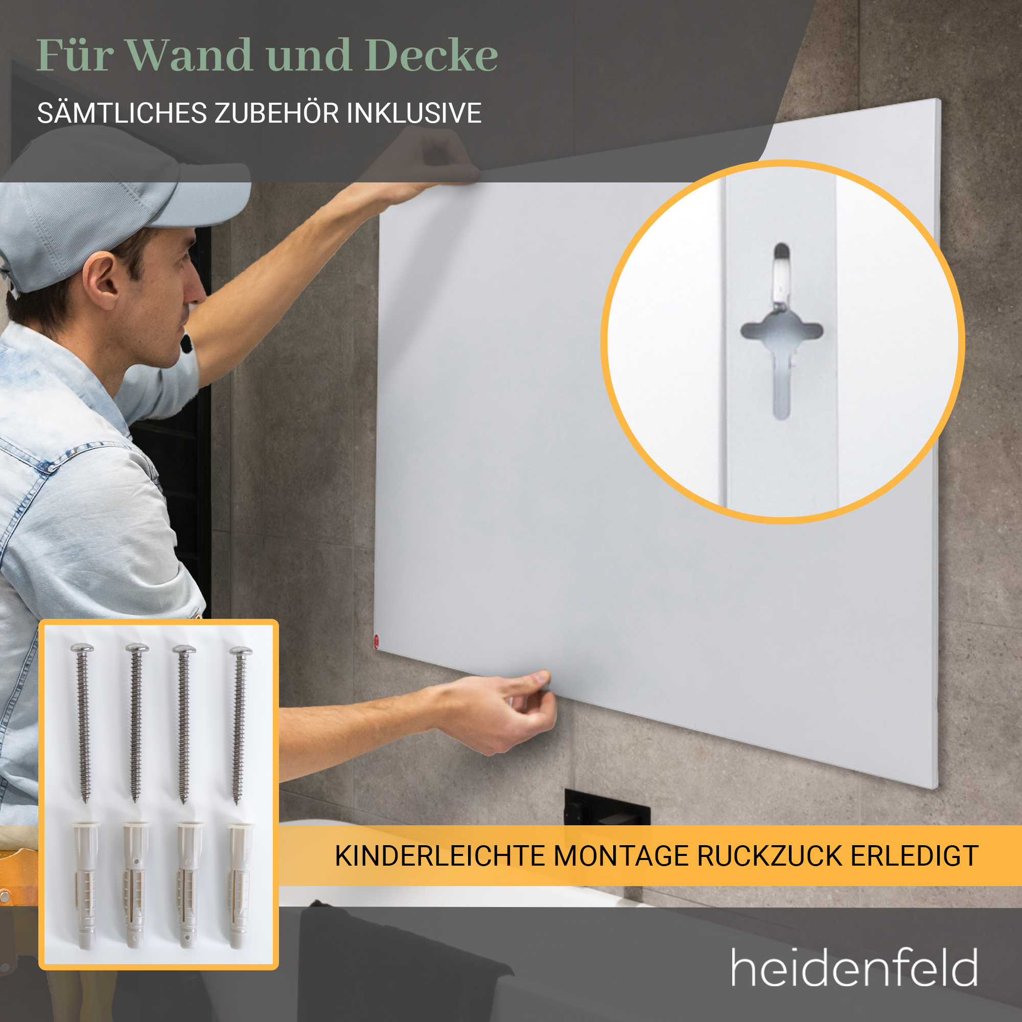 HEIDENFELD HF-HP130 - 1000 W - & rahmenloses (1000 Raumgröße: - Deckenmontage m²) Wand- Watt, 25 Infrarotheizung Design