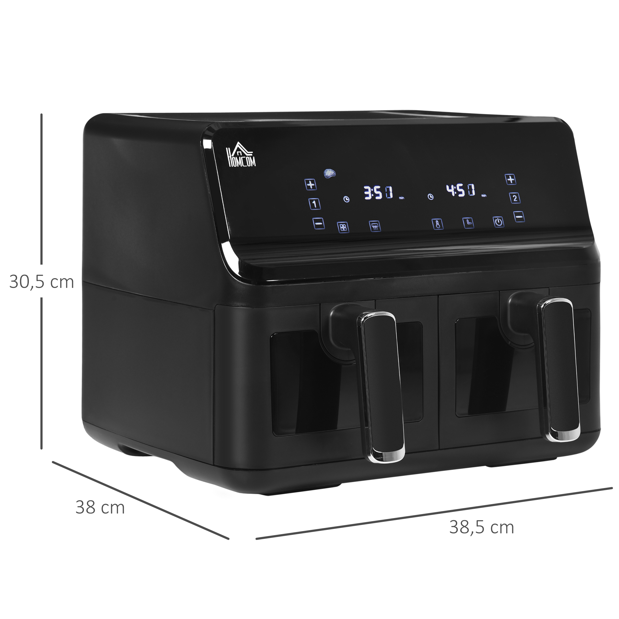 Freidora de aire doble negra con dimensiones 30.5 x 38 x 38.5 cm. Pantalla digital y asas.