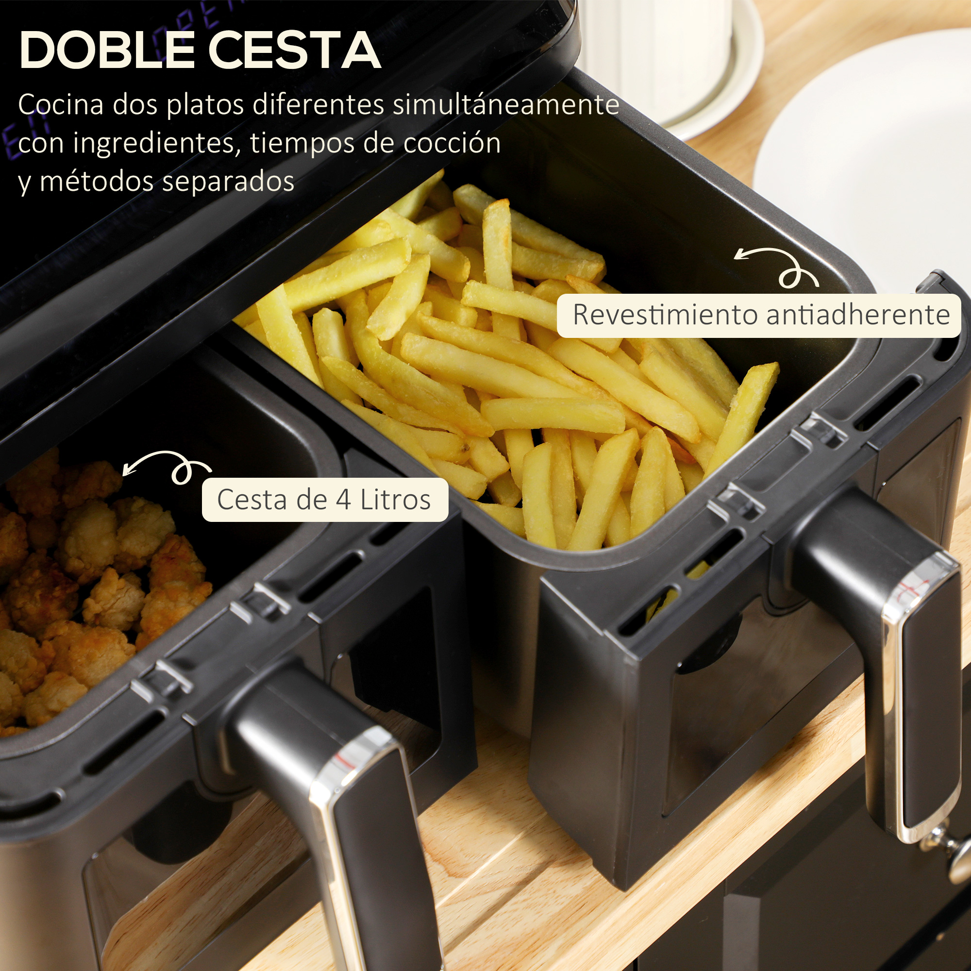 Una freidora de aire de doble cesta llena de papas fritas y otros ingredientes. El texto describe sus características.
