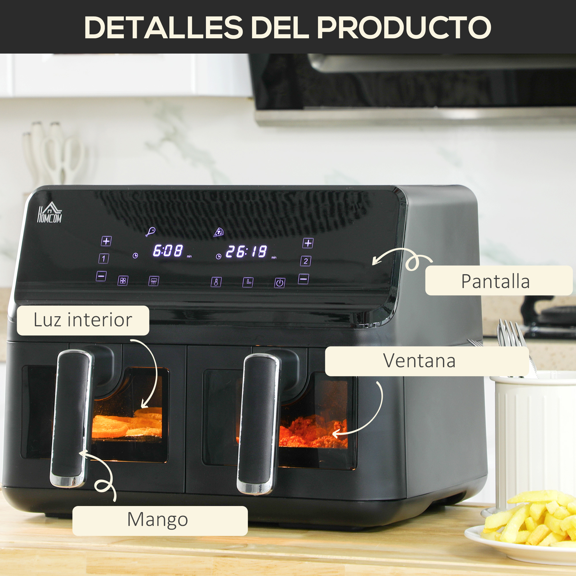 Una freidora de aire negra con partes etiquetadas, incluyendo pantalla y asas.