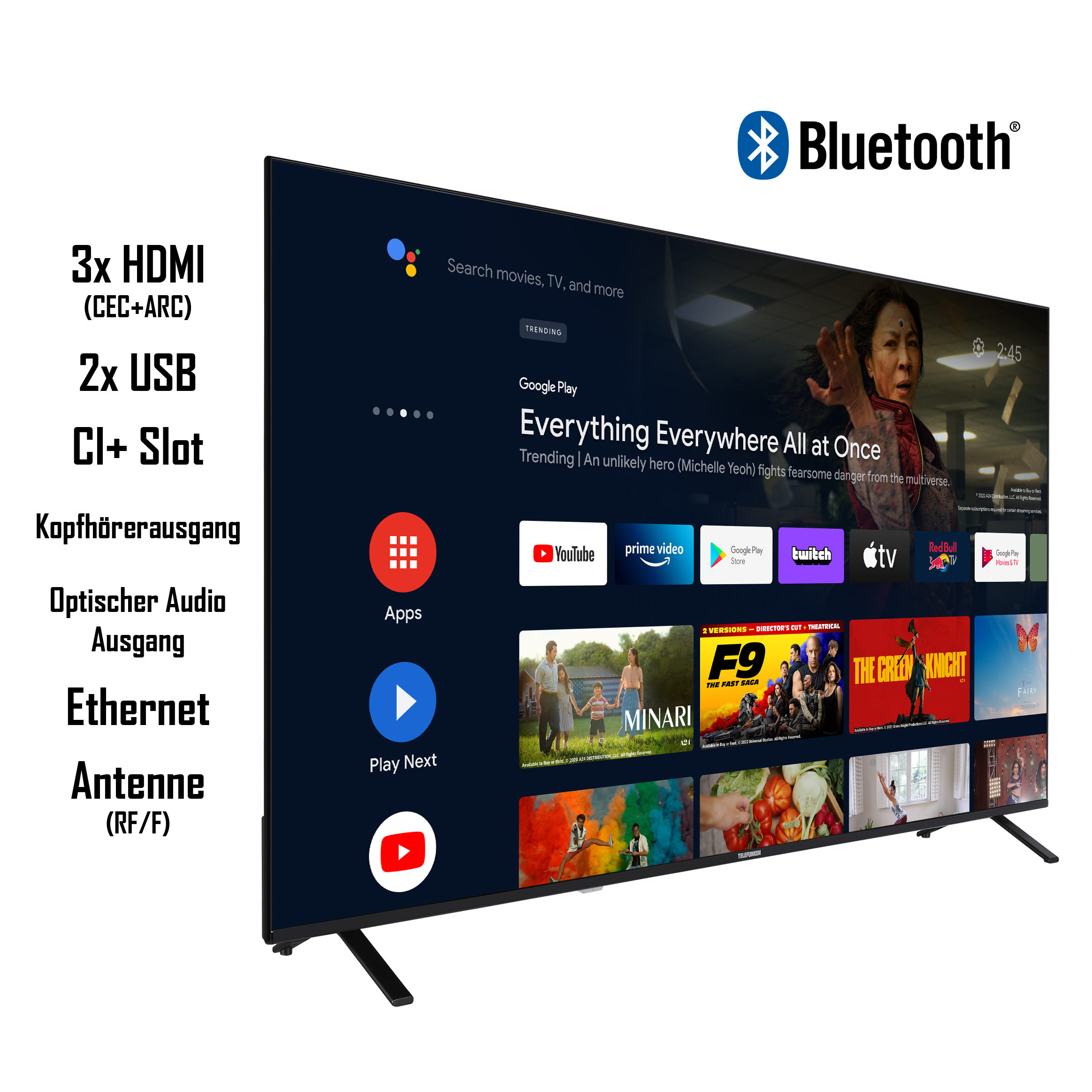 Smart-TV-Bildschirm, der einen Film und die TV-Funktionen zeigt.