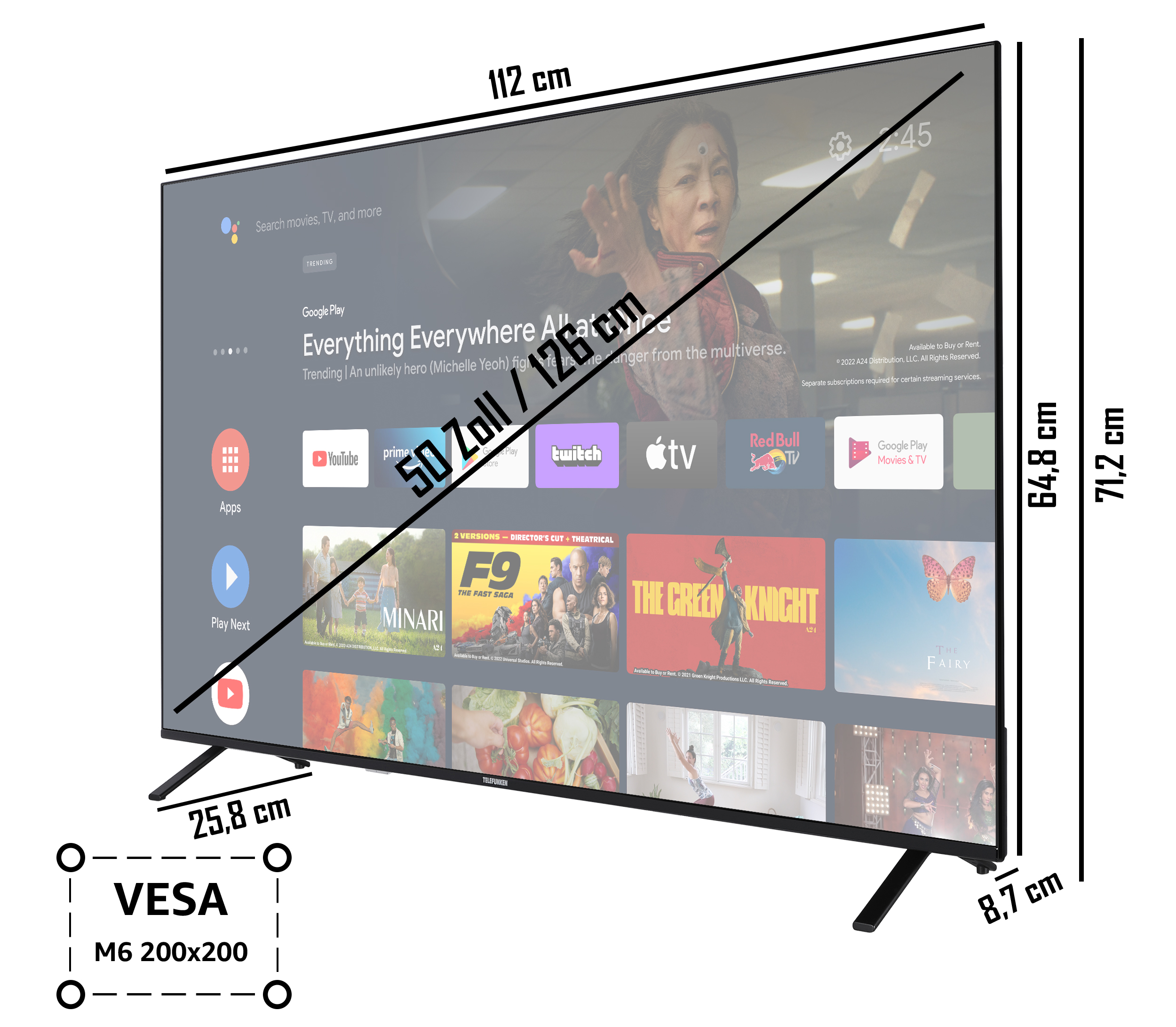 Ein großer Fernseher auf einem Ständer. Abmessungen, Funktionen und ein Film auf dem Bildschirm werden gezeigt.
