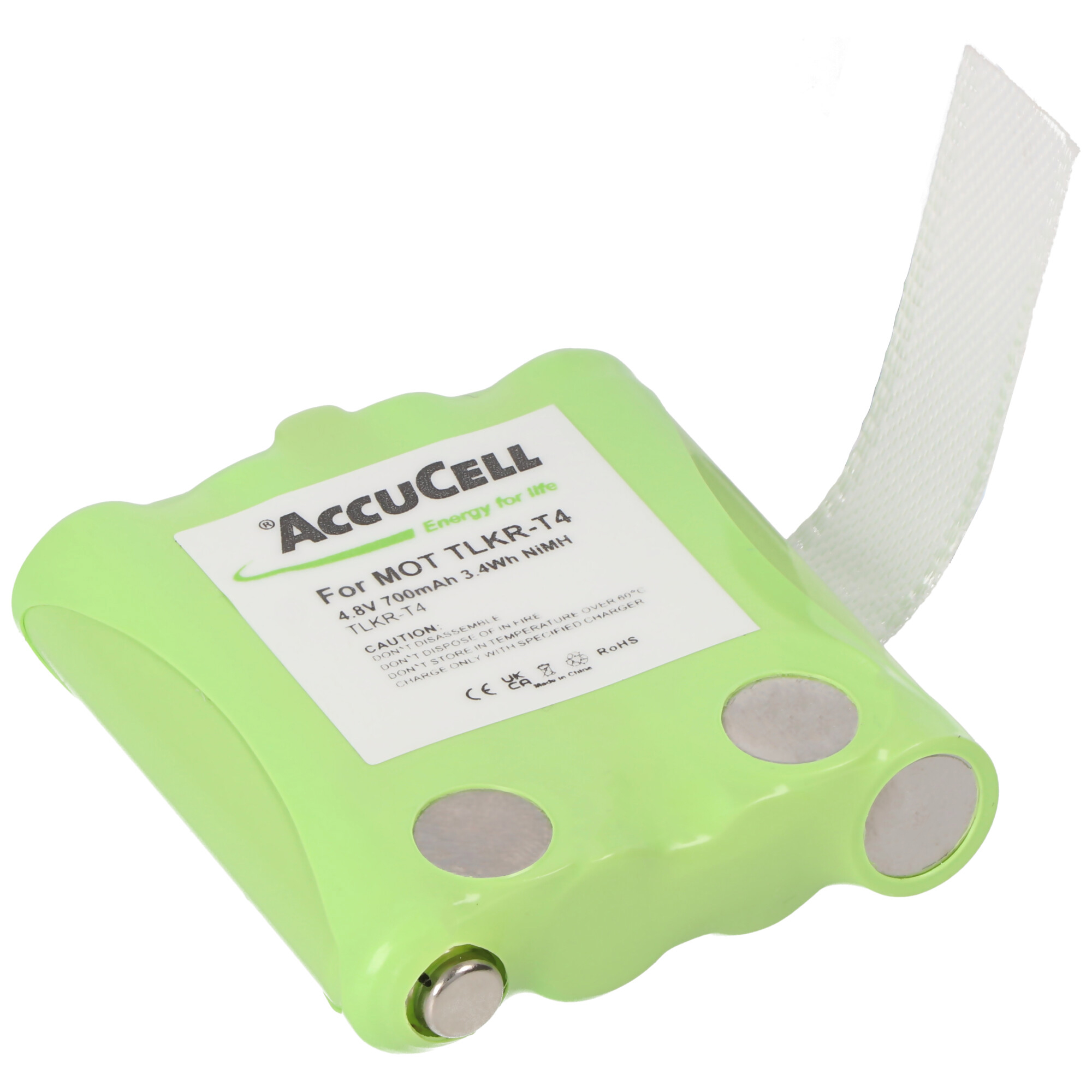 Een groene rechthoekige AccuCell batterij met een wit label en drie zilveren cirkels.