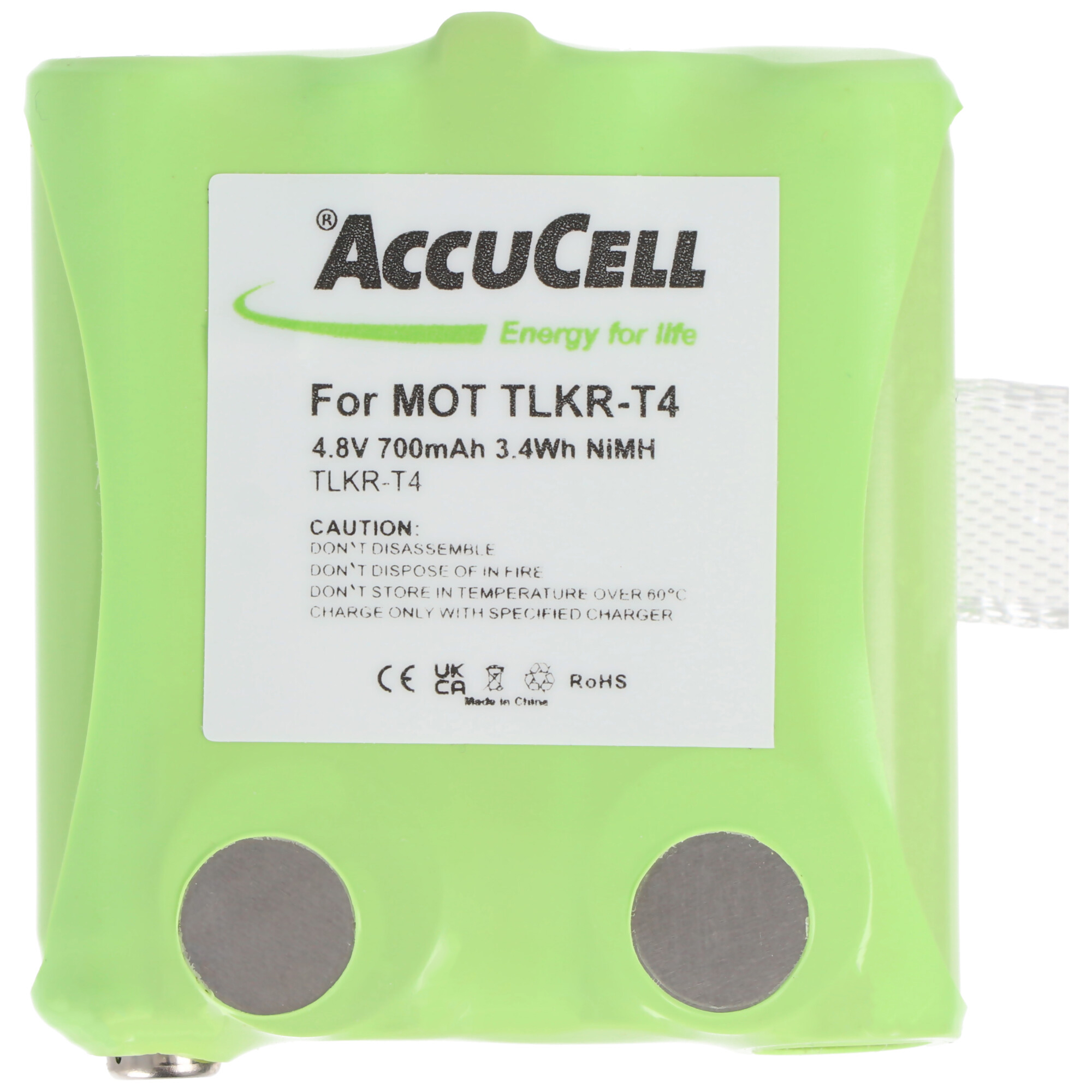 Grüner AccuCell NiMH Akku 4.8V 700mAh für Motorola TLKR-T4 Funkgeräte mit weißem Etikett.
