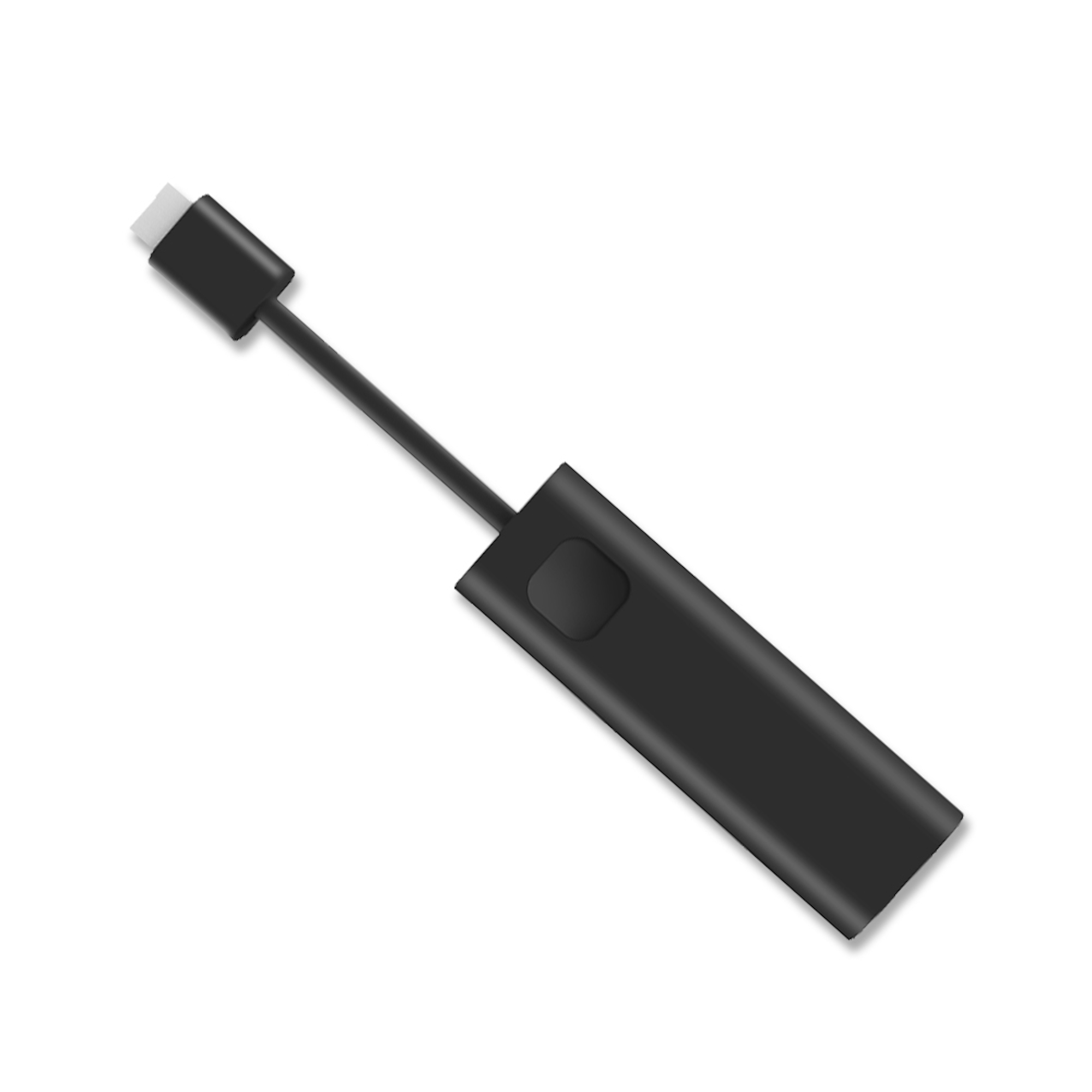 Un adaptador de carga negro con un conector USB-C sobre un fondo blanco. Es un diseño elegante.