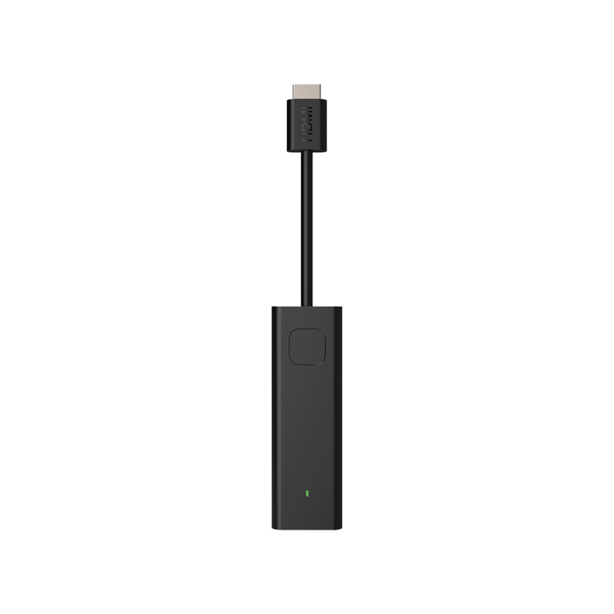 Un adaptador HDMI negro con un cable negro corto y una pequeña luz verde en la parte inferior.