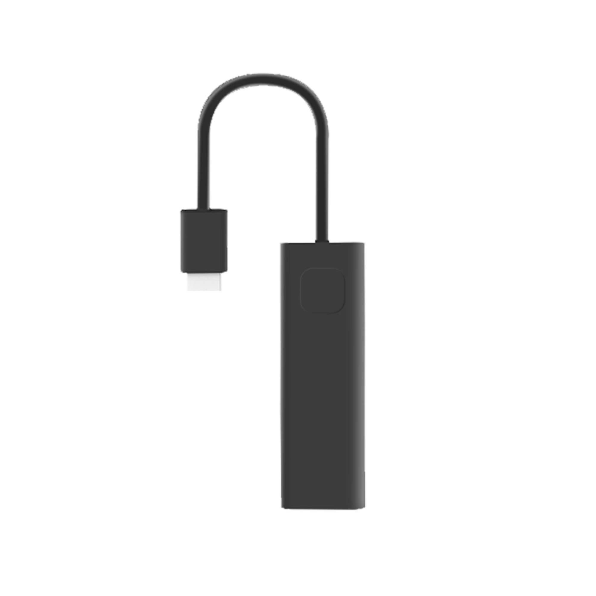 Un adaptador USB-C negro con un cable curvo, sobre un fondo blanco.