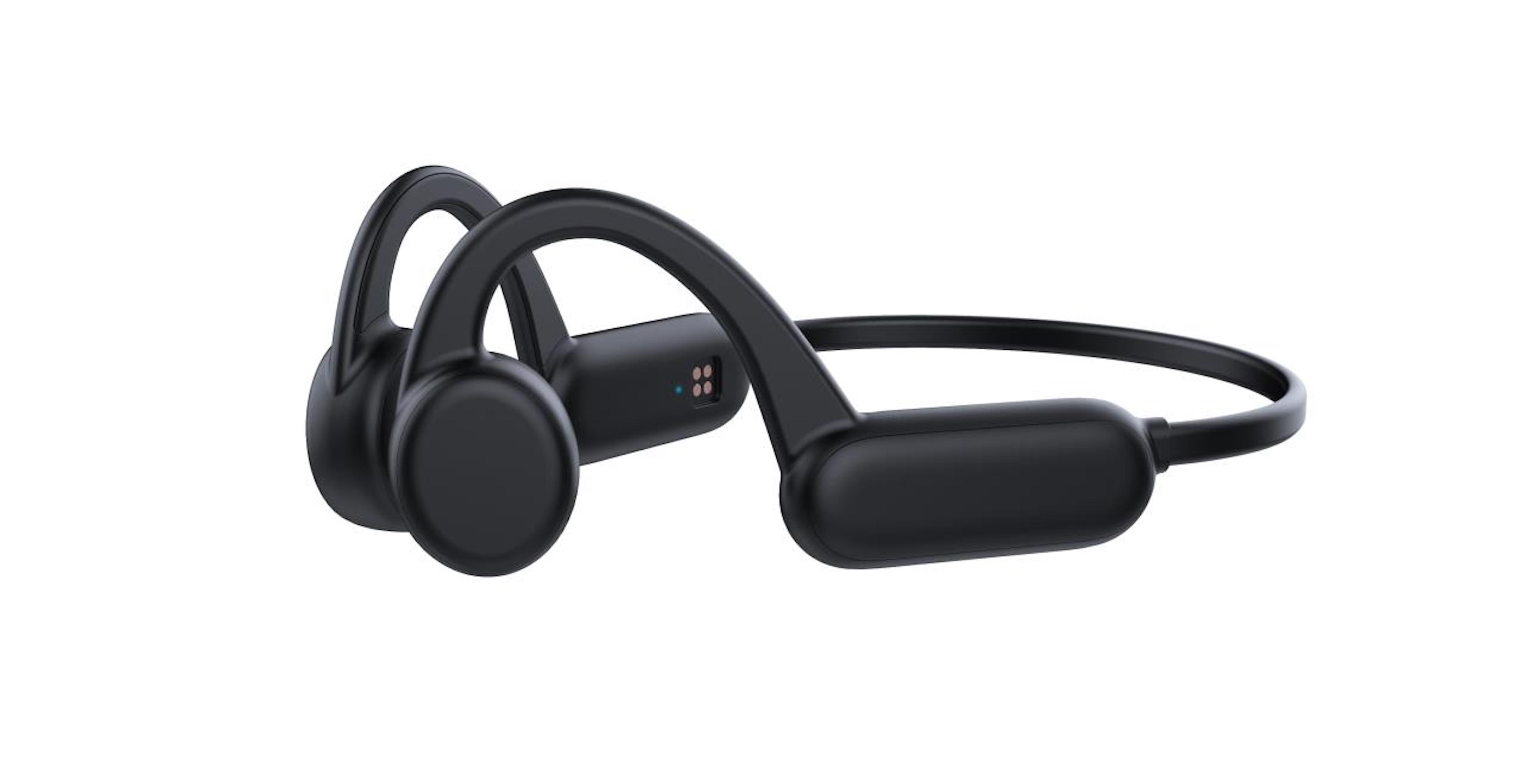 Auriculares de conducción ósea negros sobre un fondo blanco. Los auriculares son curvos.