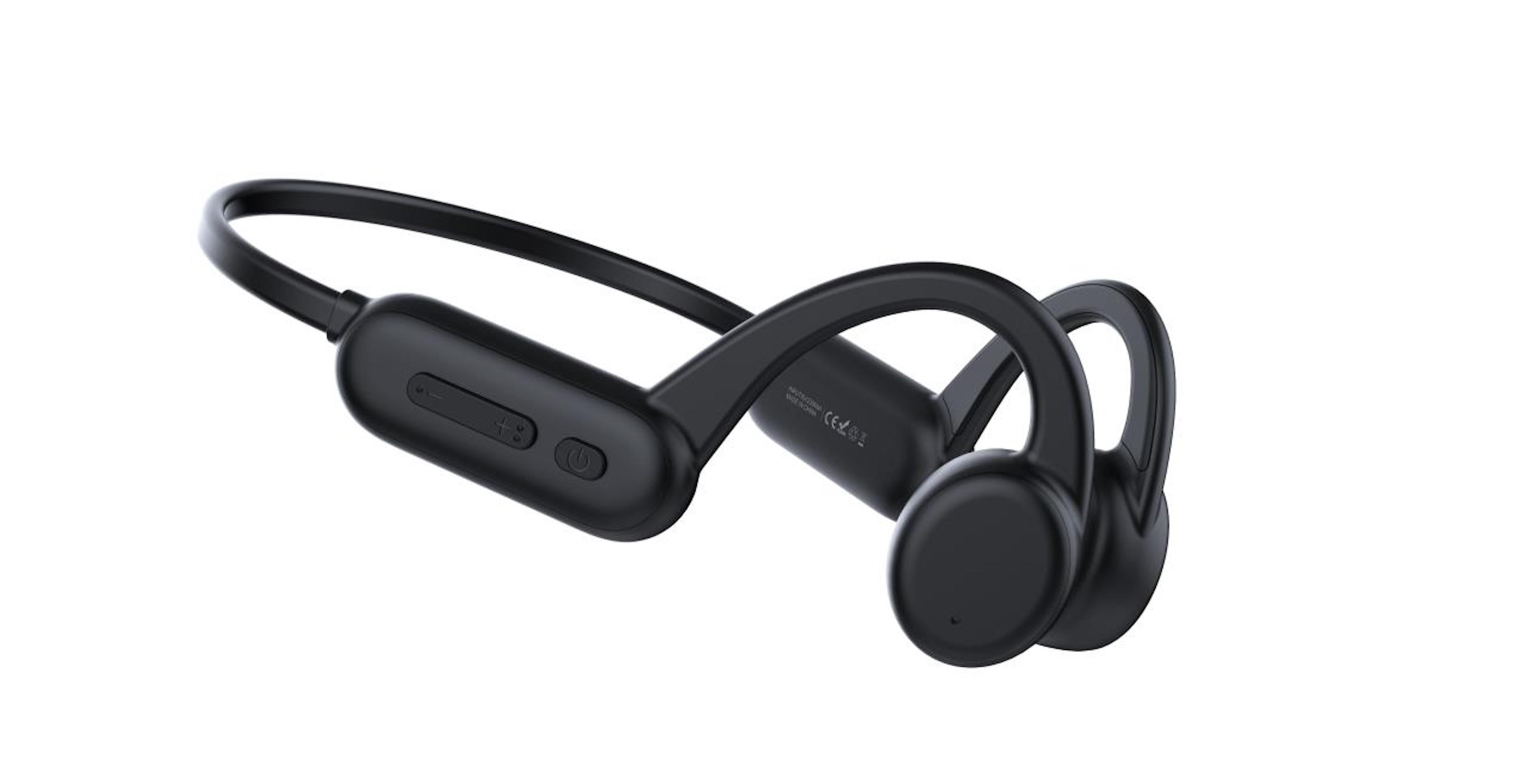 Auriculares de conducción ósea negros, con diseño curvo, aislados sobre fondo blanco.