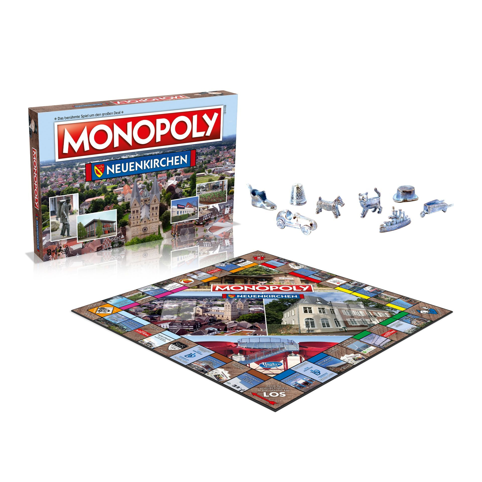 Monopoly-Brettspielbox und -Artikel. Box mit Stadtansicht. Spielbrett mit Stadtbildern.