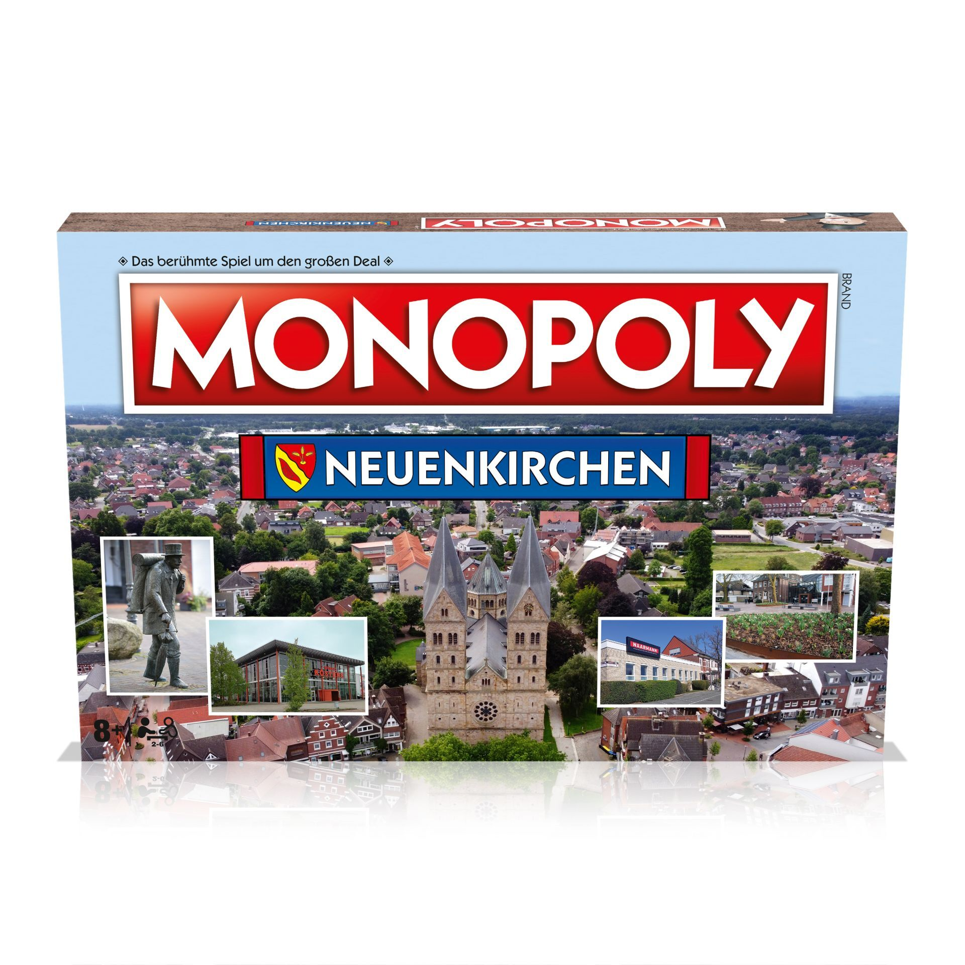 Monopoly-Spielbox mit Stadtbild und dem Wort 'MONOPOLY' oben.