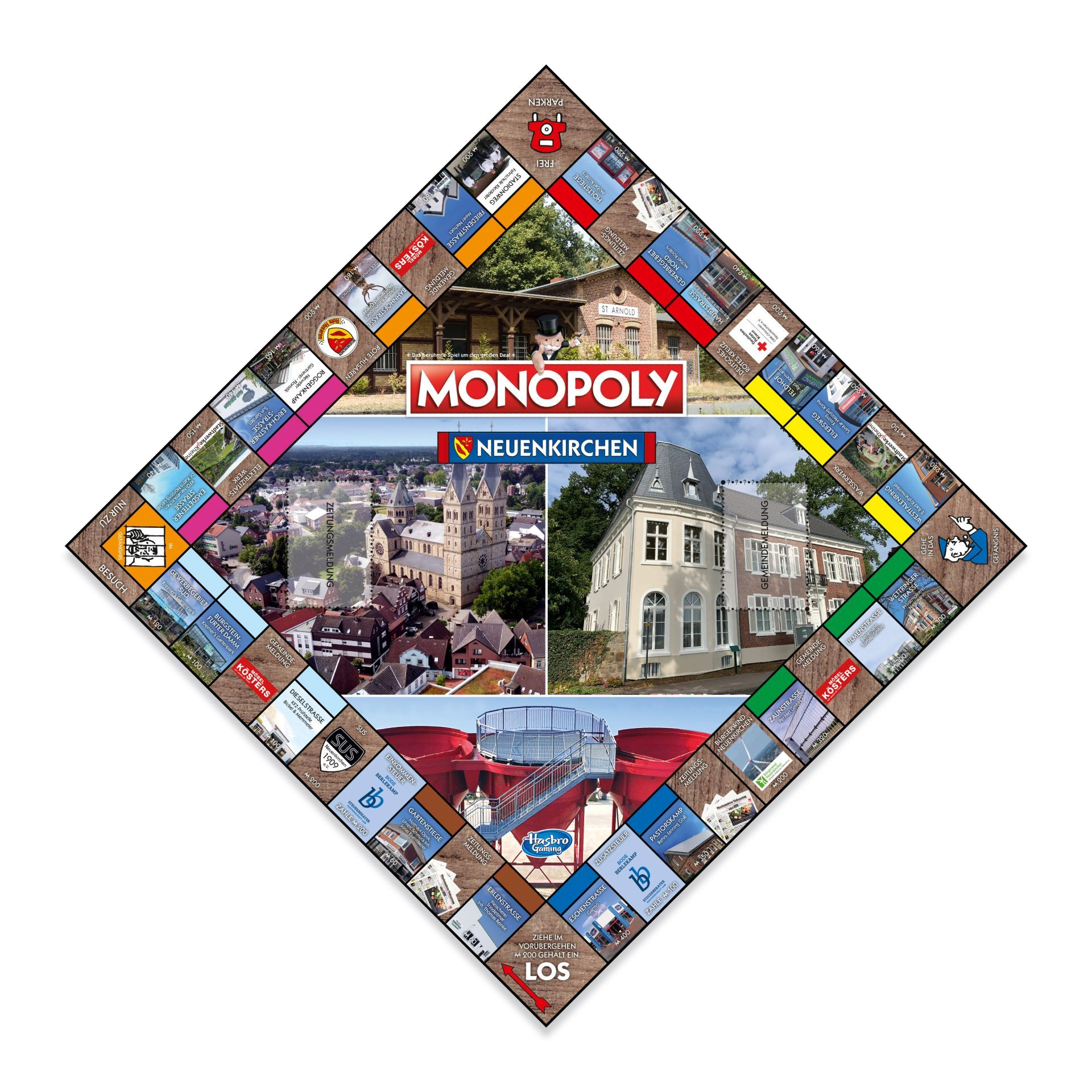 Monopoly-Brettspiel mit verschiedenen Bildern und Text. Das Spielbrett hat eine Diamantenform.