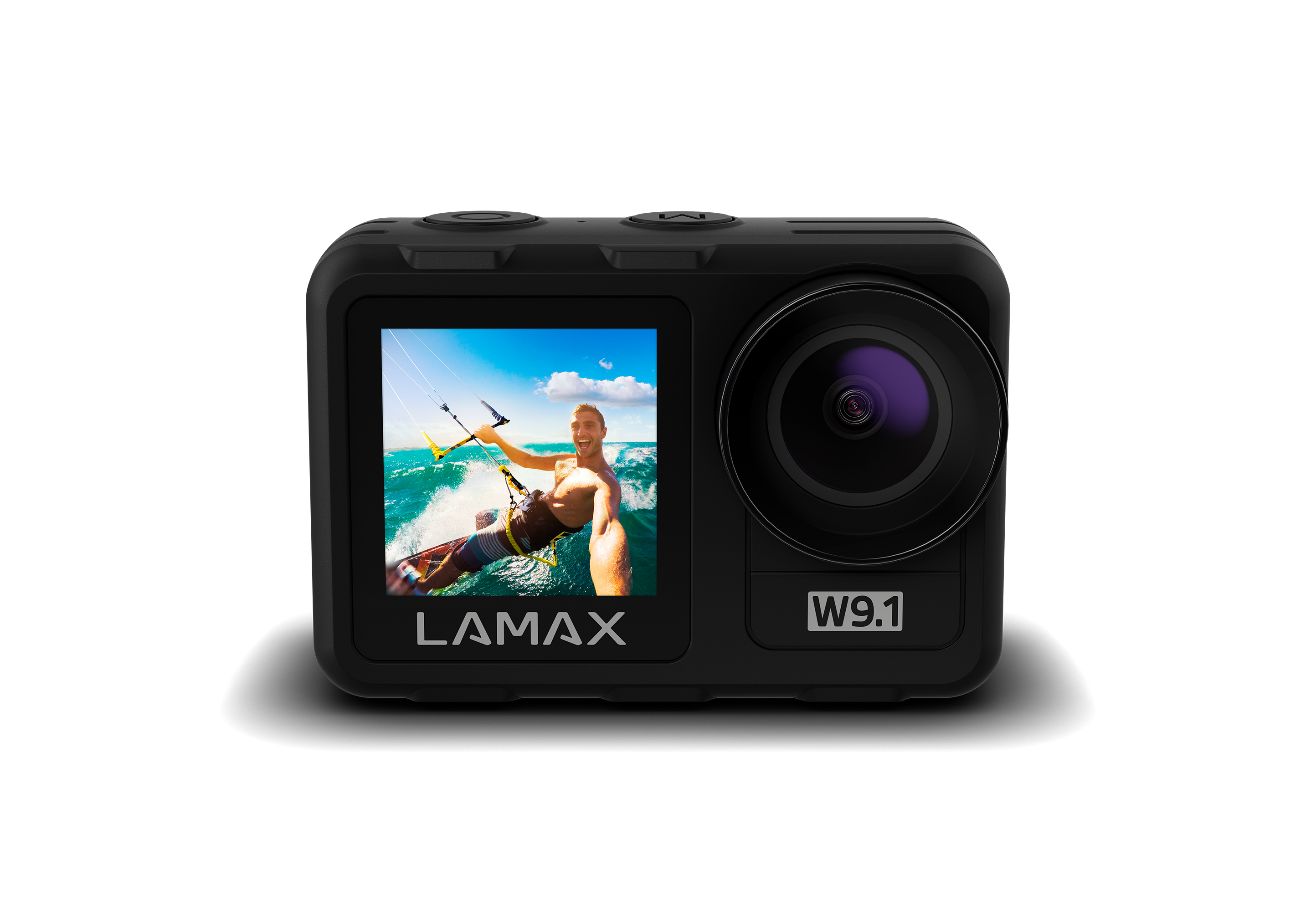 Schwarze Lamax W9.1 Action-Kamera auf Weiß.
