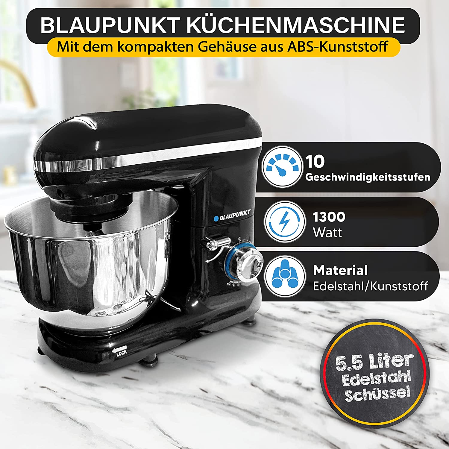 Eine schwarze Blaupunkt Küchenmaschine mit Edelstahl-Schüssel und Textüberlagerungen.