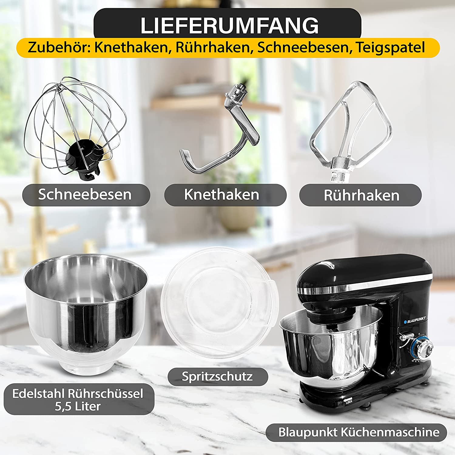 Küchengerät mit Zubehör: Schneebesen, Knethaken, Rührhaken, Schüssel, Deckel. Weißer Hintergrund.