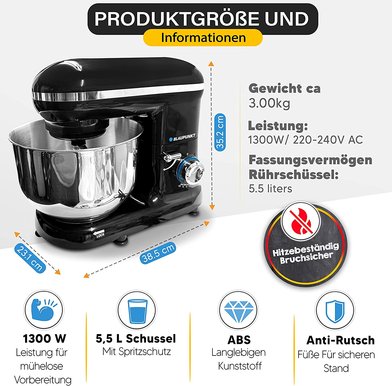 Ein schwarzer und silberner Küchenmixer mit Edelstahlschüssel, angezeigt mit Spezifikationen einschließlich Abmessungen.