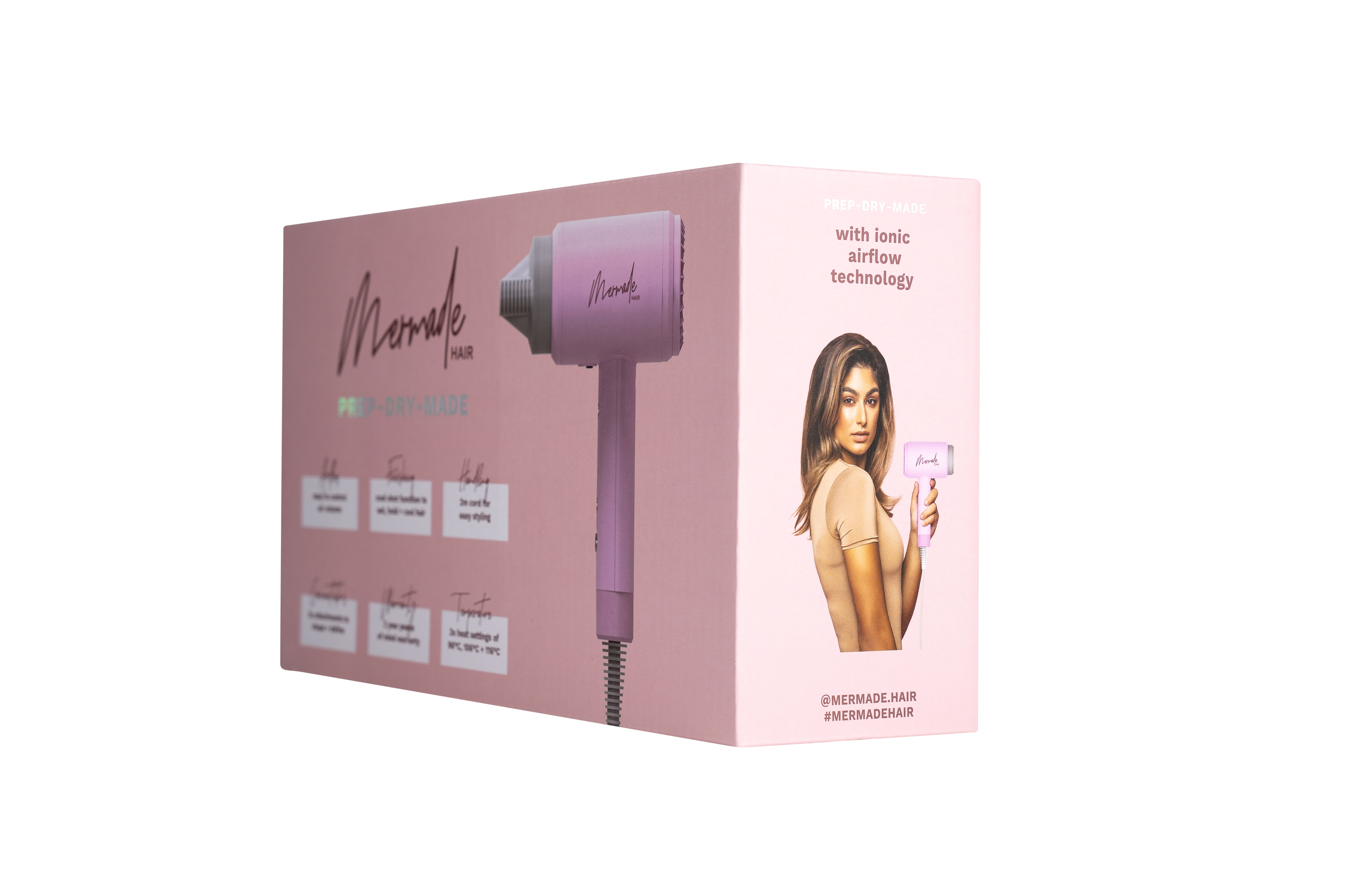 Rosa Haartrockner-Produktbox mit einer Frau, die einen rosa Haartrockner hält.