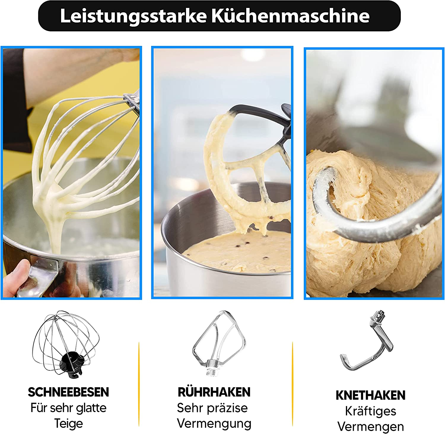 Küchenmaschinen-Komponenten: Schneebesen, Rührhaken und Knethaken.