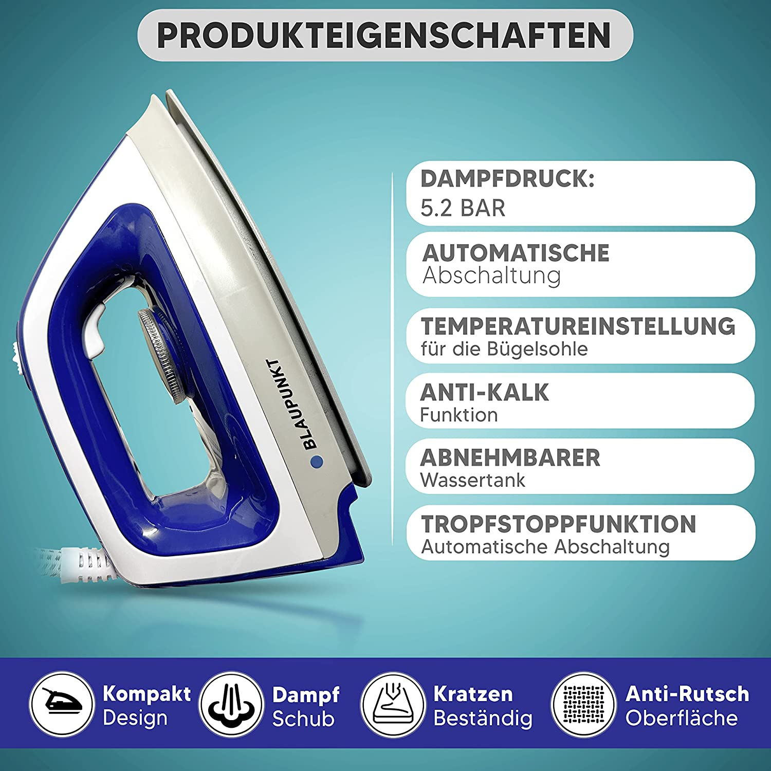 Blau-weißes Bügeleisen mit Produktmerkmalen und Text.