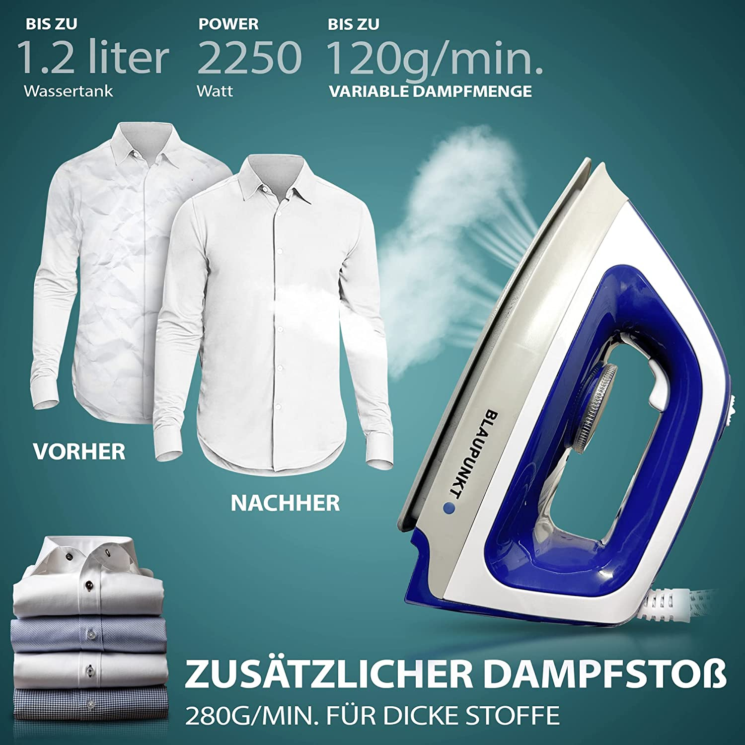 Bügeleisen mit Text, Dampf und Hemden, mit Textbeschriftungen für Wassertank, Leistung und Dampf.