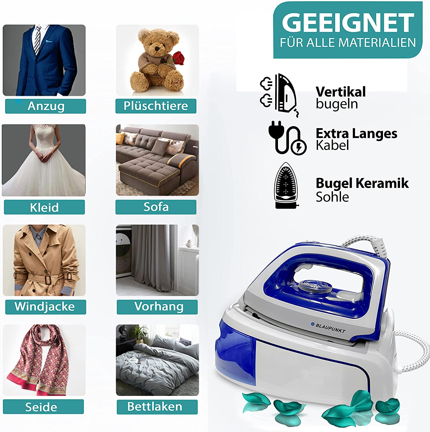 Ein Bügeleisen mit Abbildungen von Produkten, für die es verwendet werden kann.