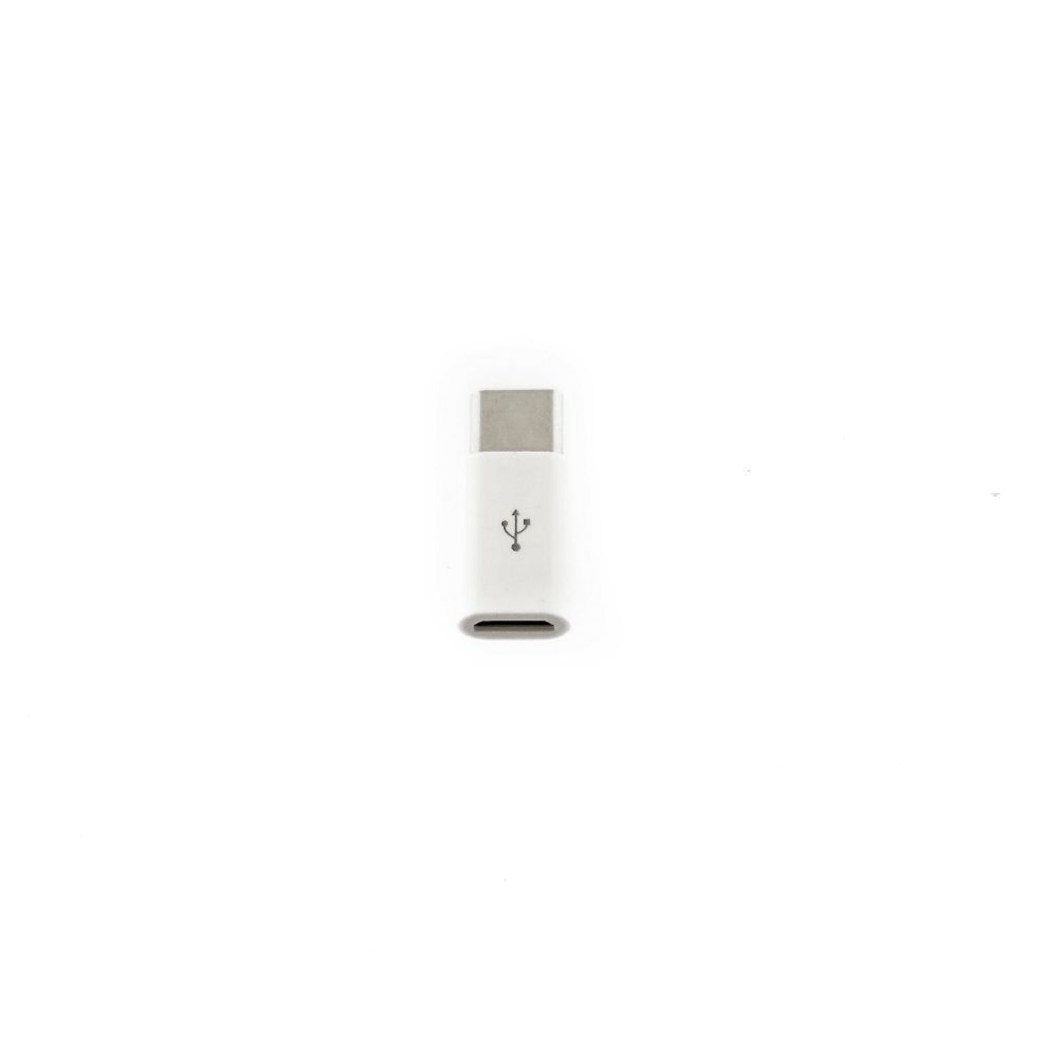 USB-C-zu-USB-Adapter, weiß mit weißem Hintergrund. Kleines USB-Symbol auf dem Adapter gedruckt.