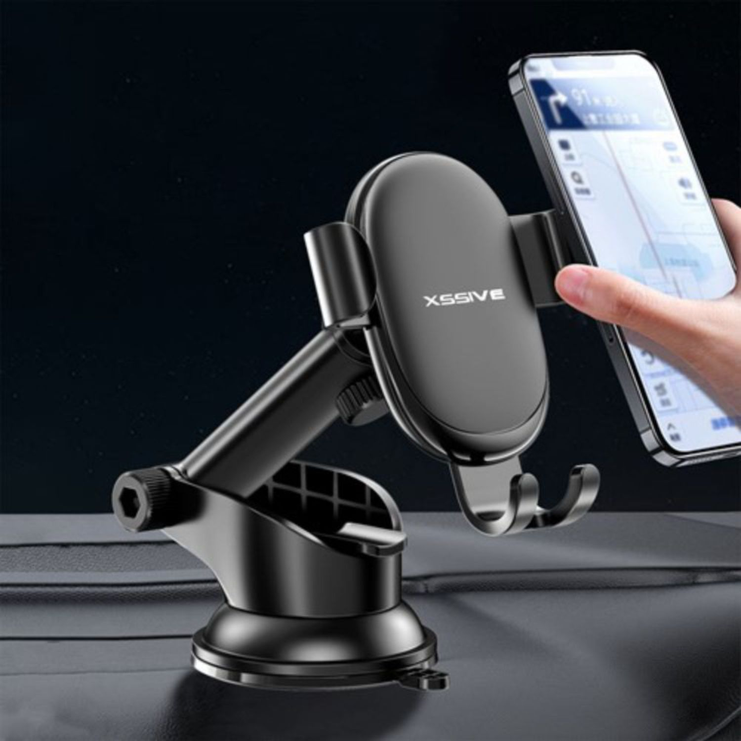 Schwarzer Autotelefonhalter mit Saugnapf. Eine Hand legt ein Telefon in die Halterung.