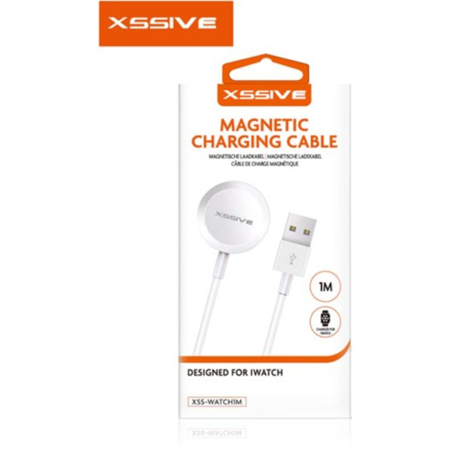 Weißes magnetisches Ladekabel in einer Schachtel. Text: Magnetisches Ladekabel. Entworfen für iWatch.