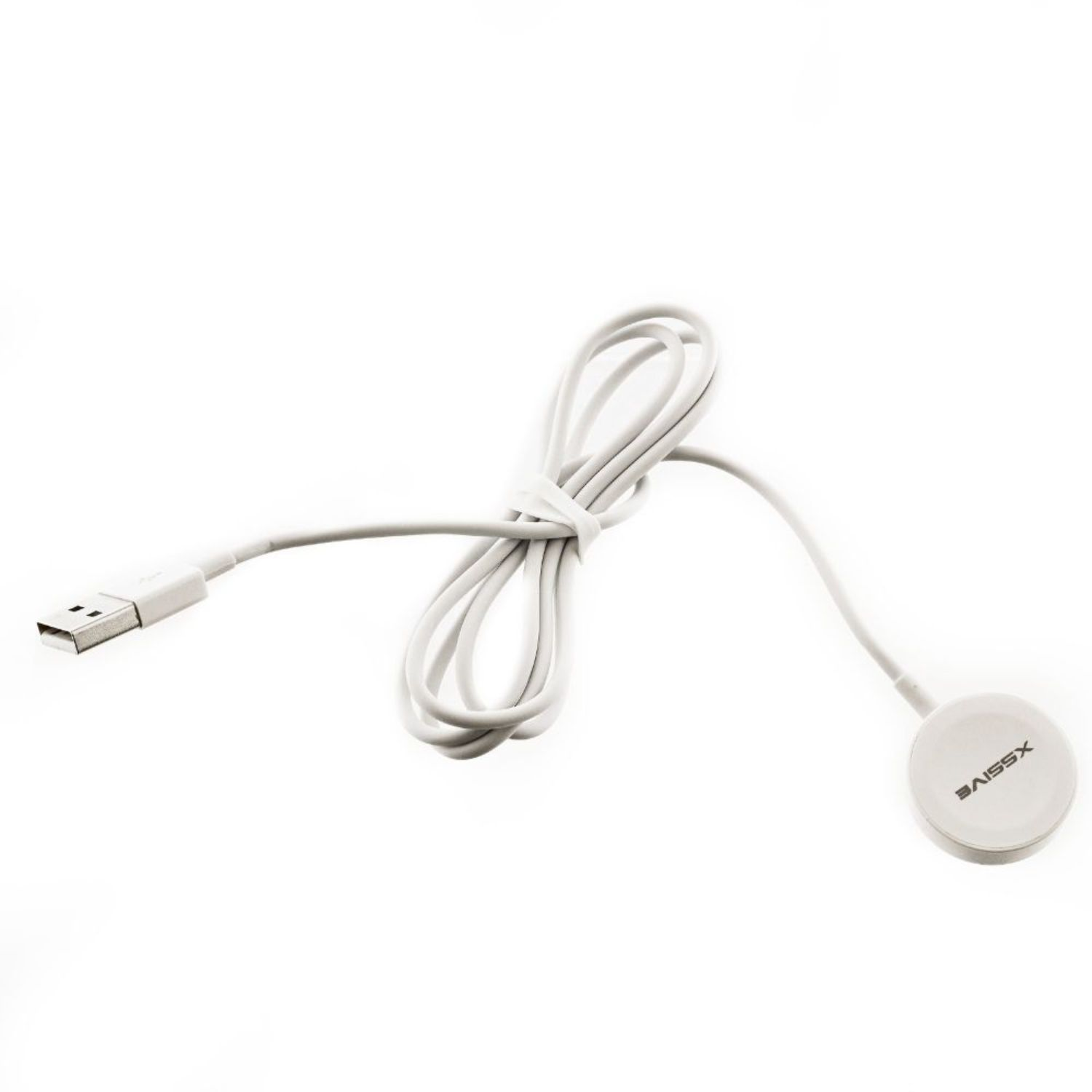 Weißes USB-Ladekabel mit runder Ladebasis auf weißem Untergrund.