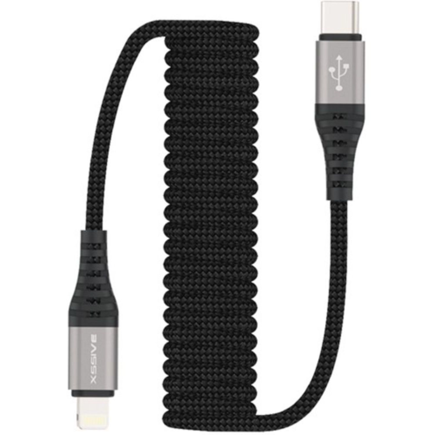 Schwarzes USB-C-zu-Lightning-Kabel auf weißem Hintergrund. Ein Ende ist USB-C, das andere Lightning.